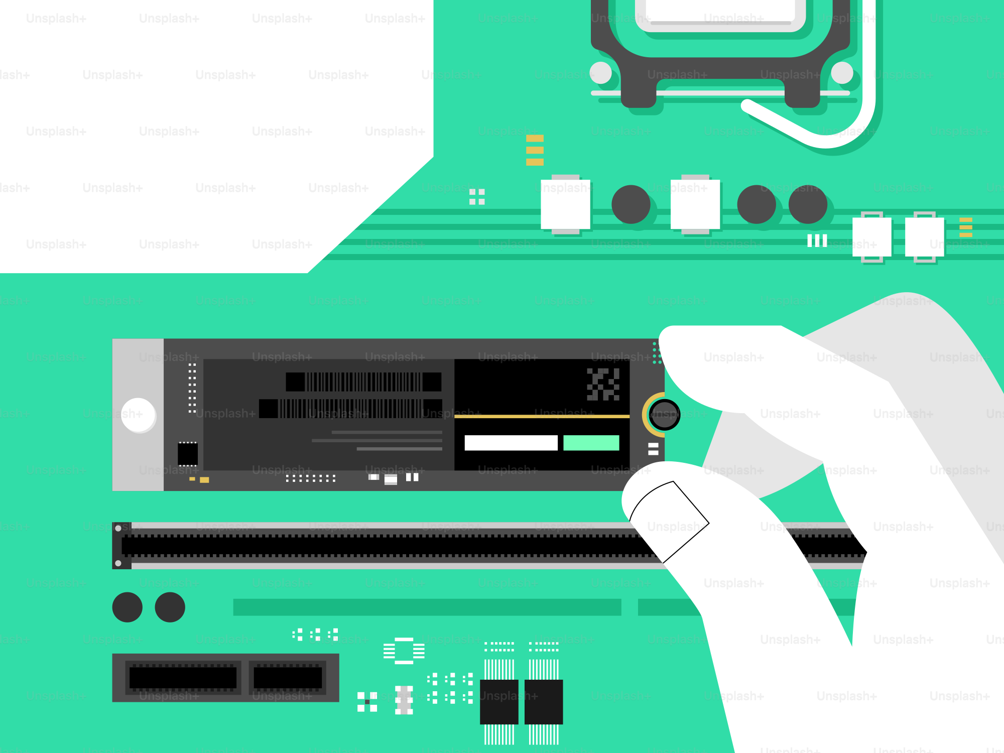 Hand installing a component on a circuit board.