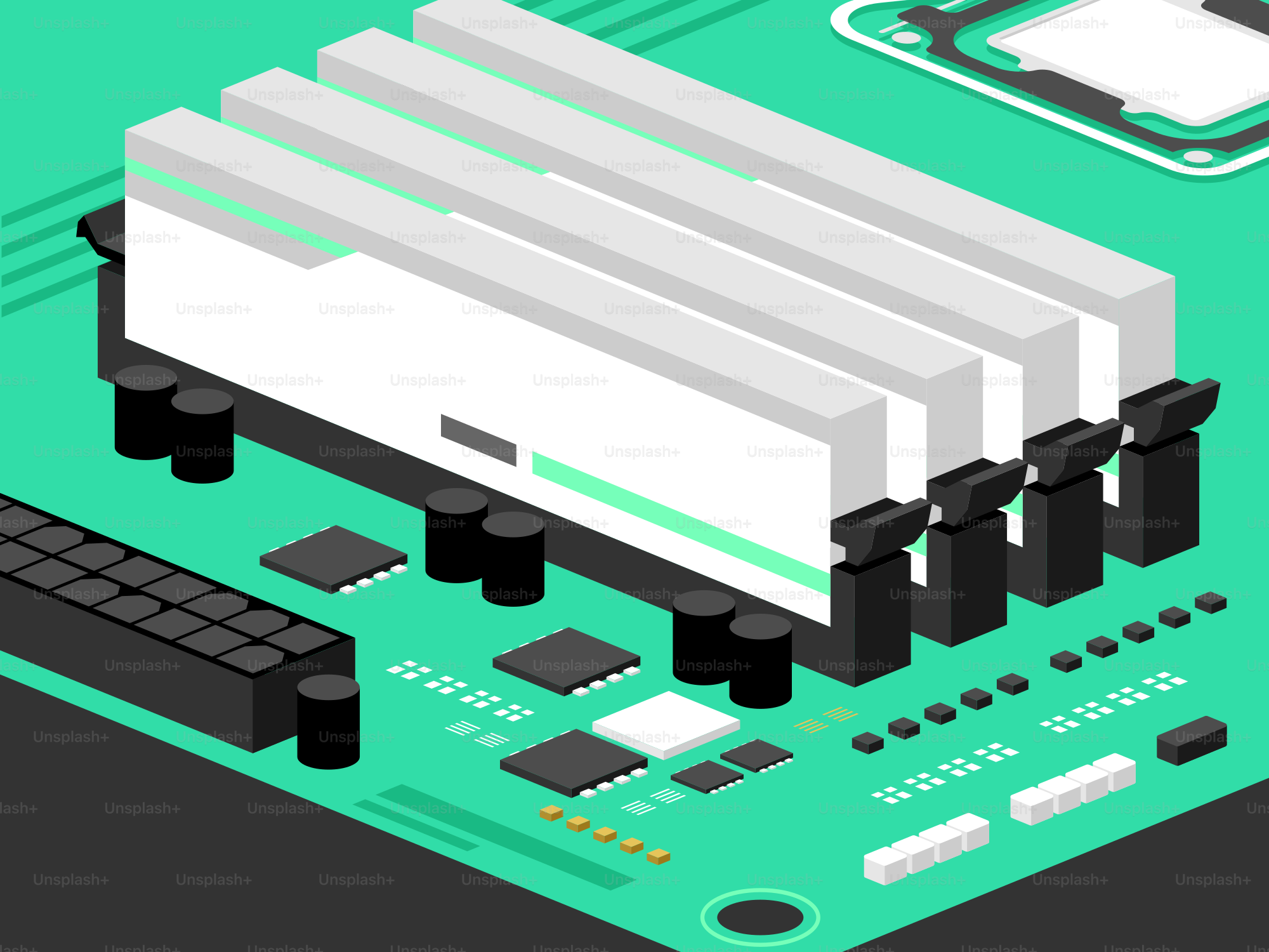 Computer motherboard with ram slots and components