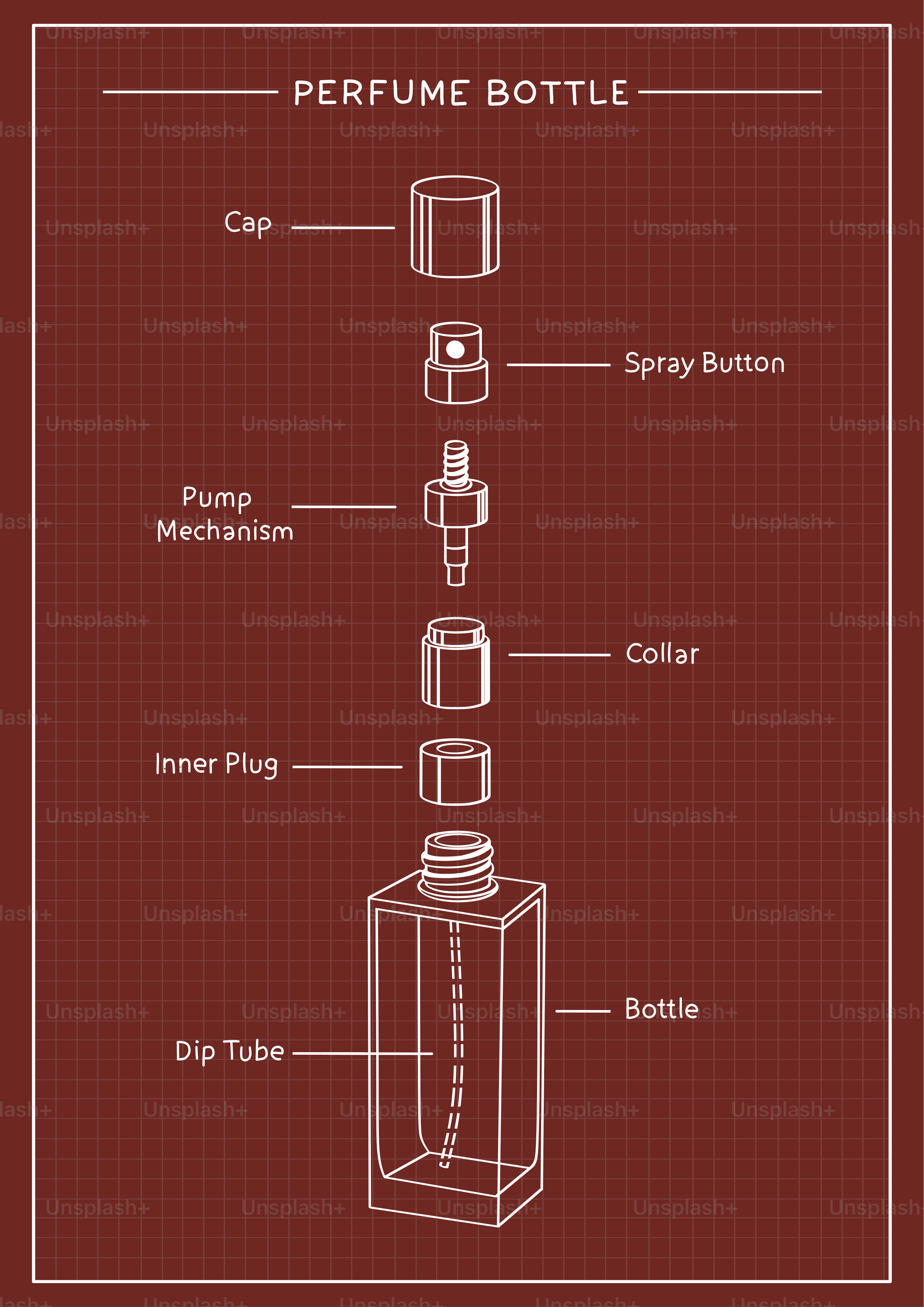 Exploded diagram of a perfume bottle with labels.