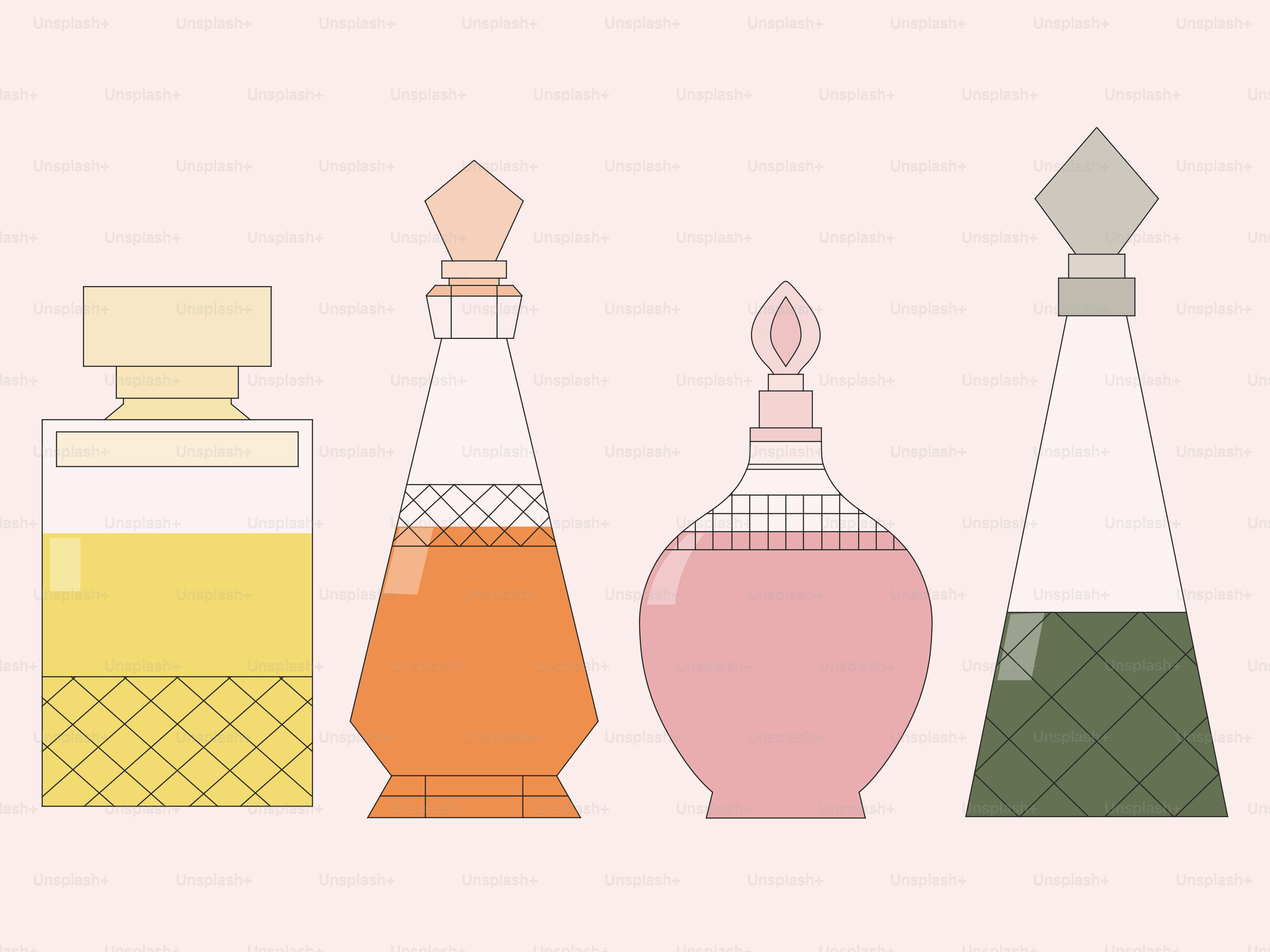 Four decorative perfume bottles with colored liquids.