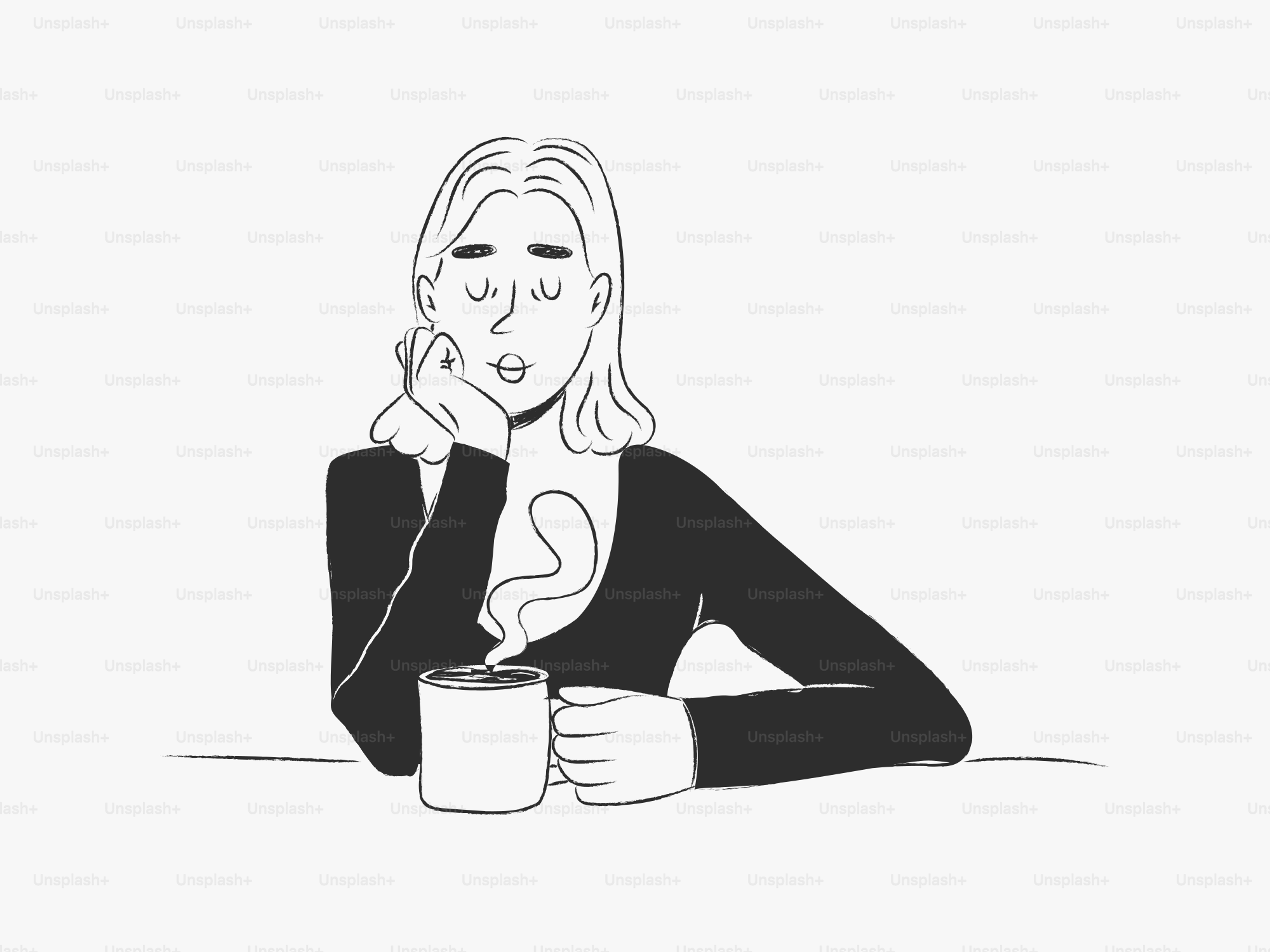 A woman with eyes closed holding a steaming mug.