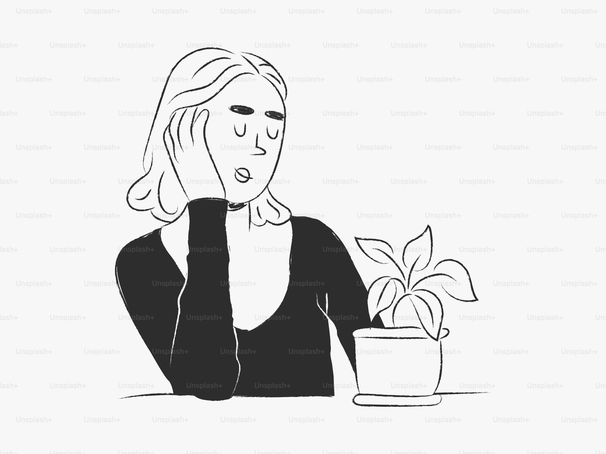 女性が植物の近くで手に頭を乗せている。