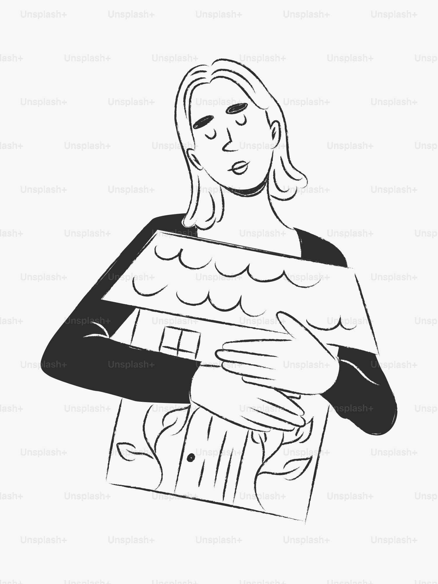 Woman hugging a stylized house with plants