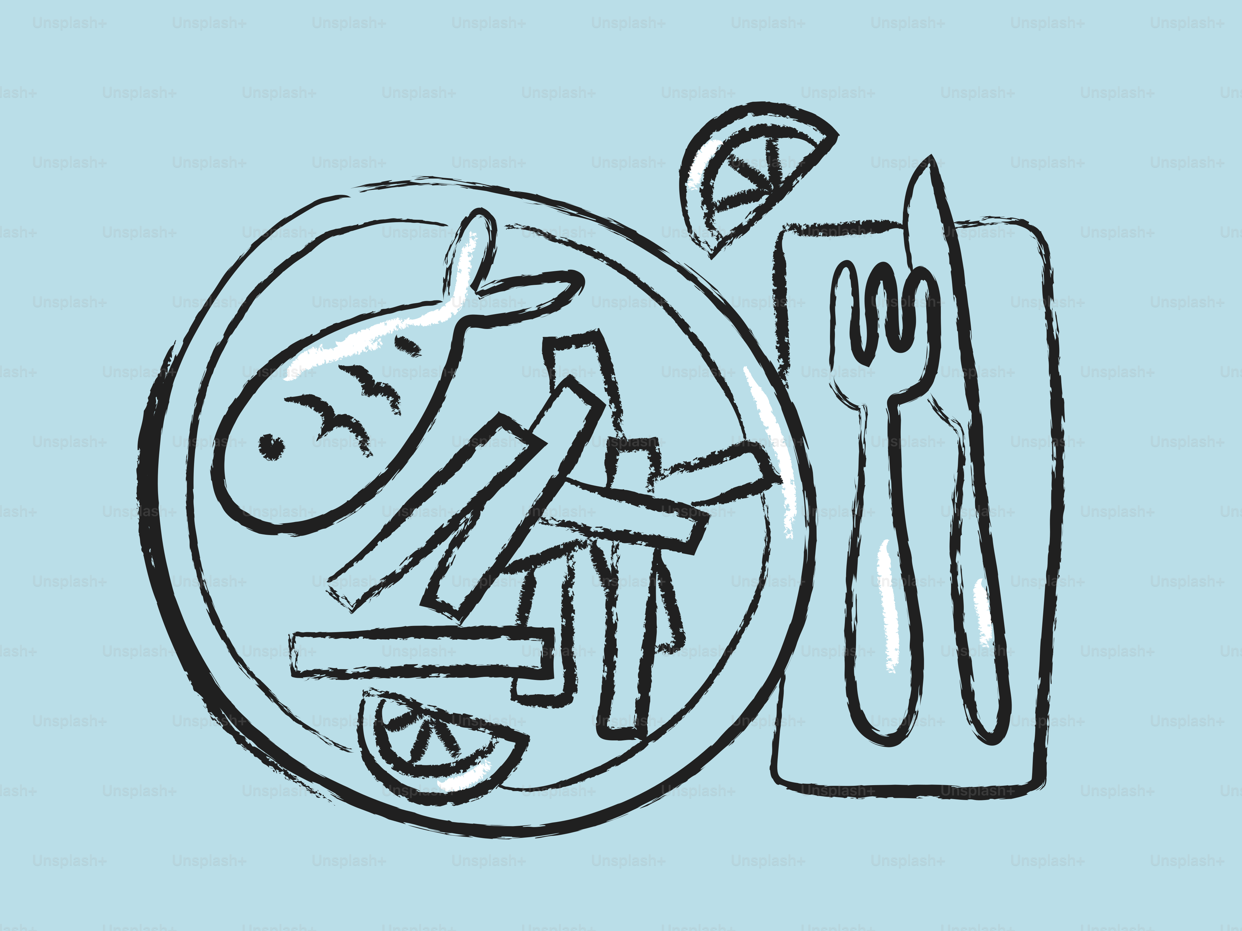 Fish and chips with lemon slices on plate.