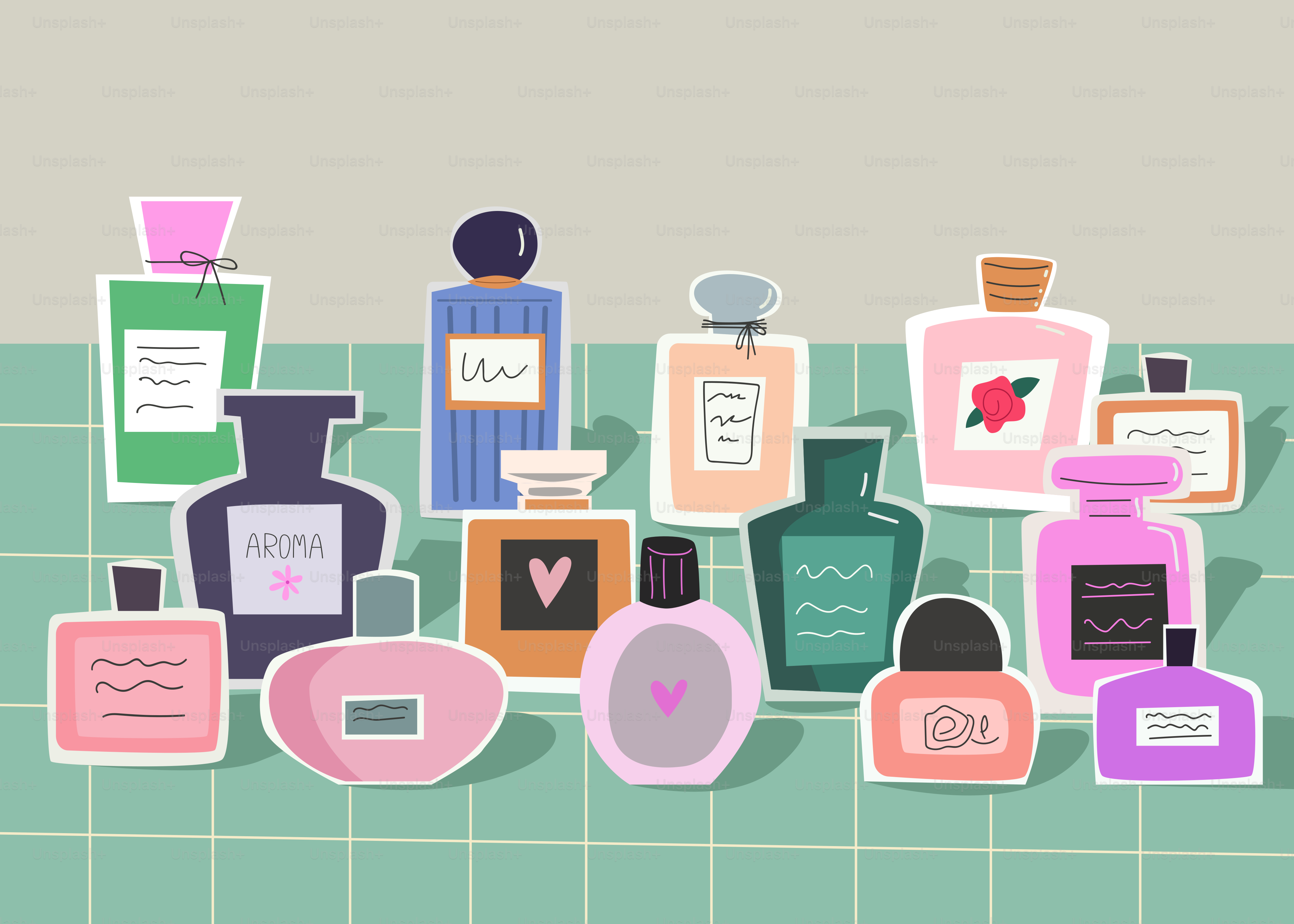 Collection of assorted perfume bottles on a tiled surface.