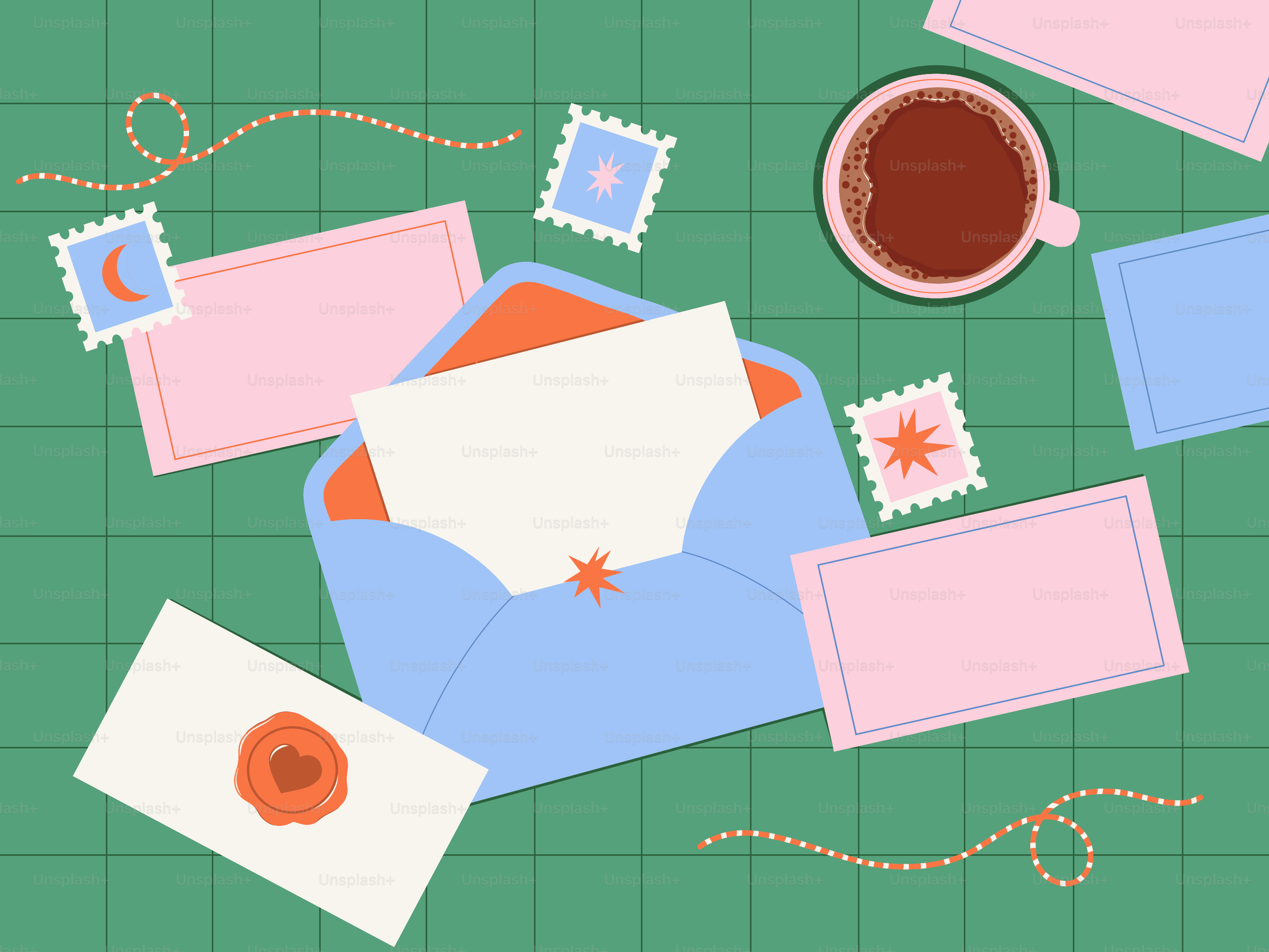 Letters, stamps, and coffee on a green background