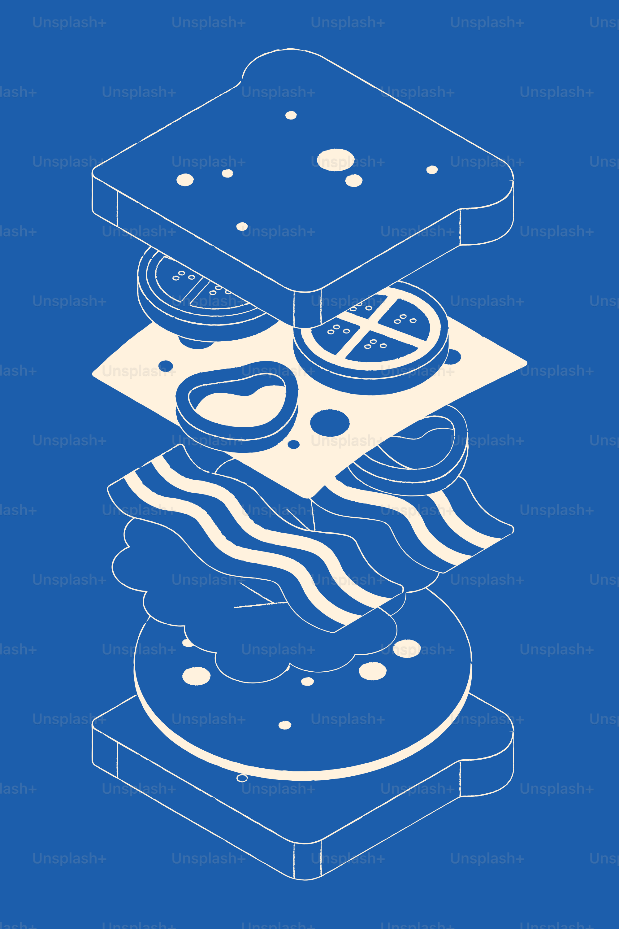 Explodierte Sicht auf ein Sandwich mit Toast, Speck und Gemüse.