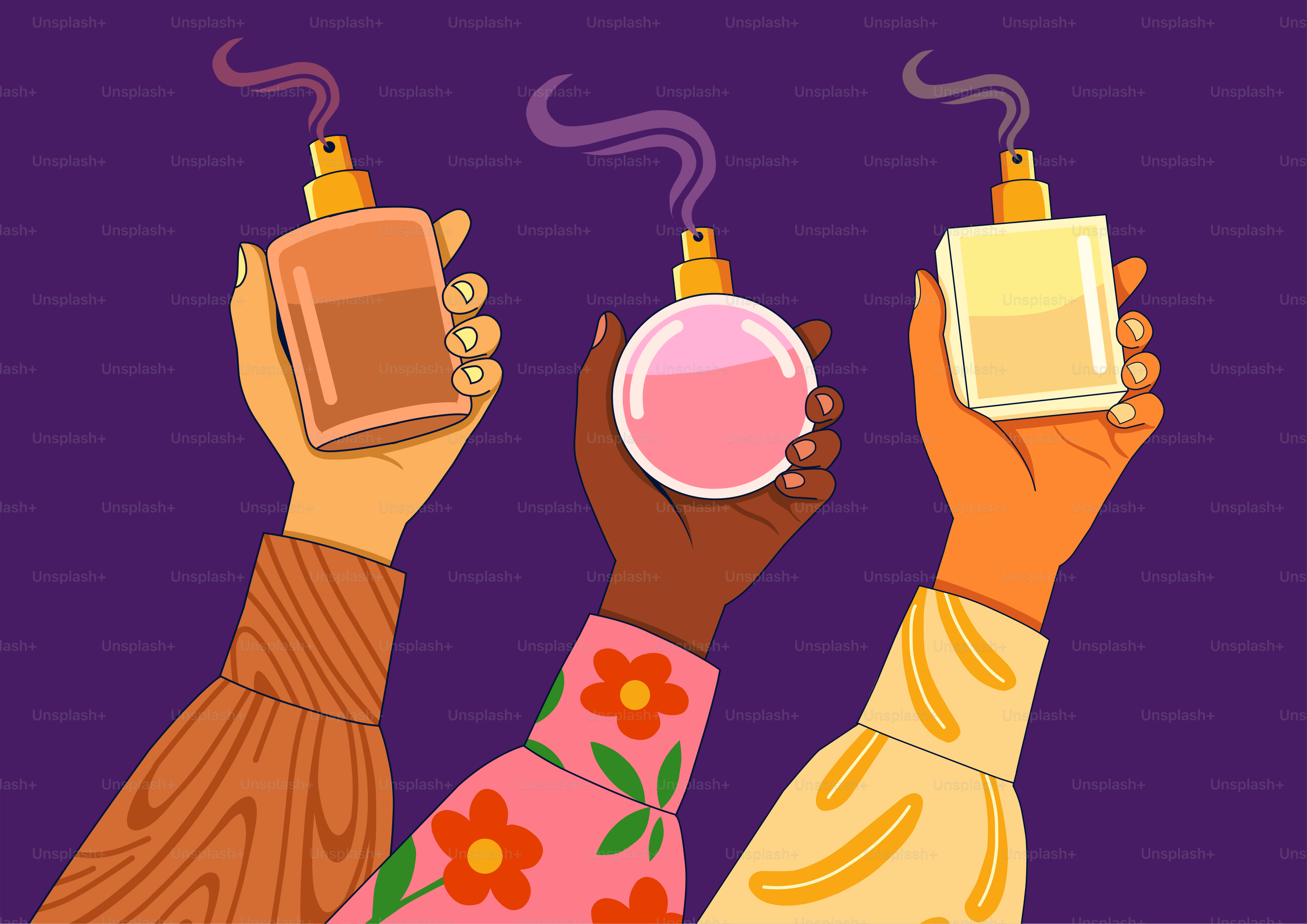 Three hands holding perfume bottles with purple background