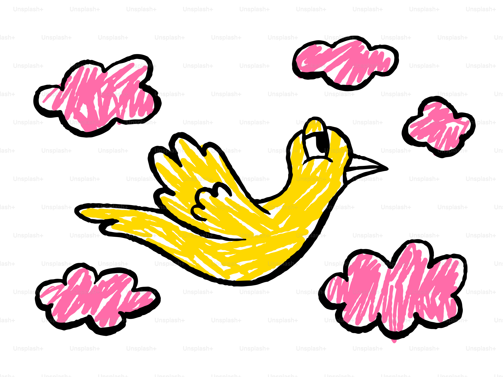A yellow bird flies among pink clouds