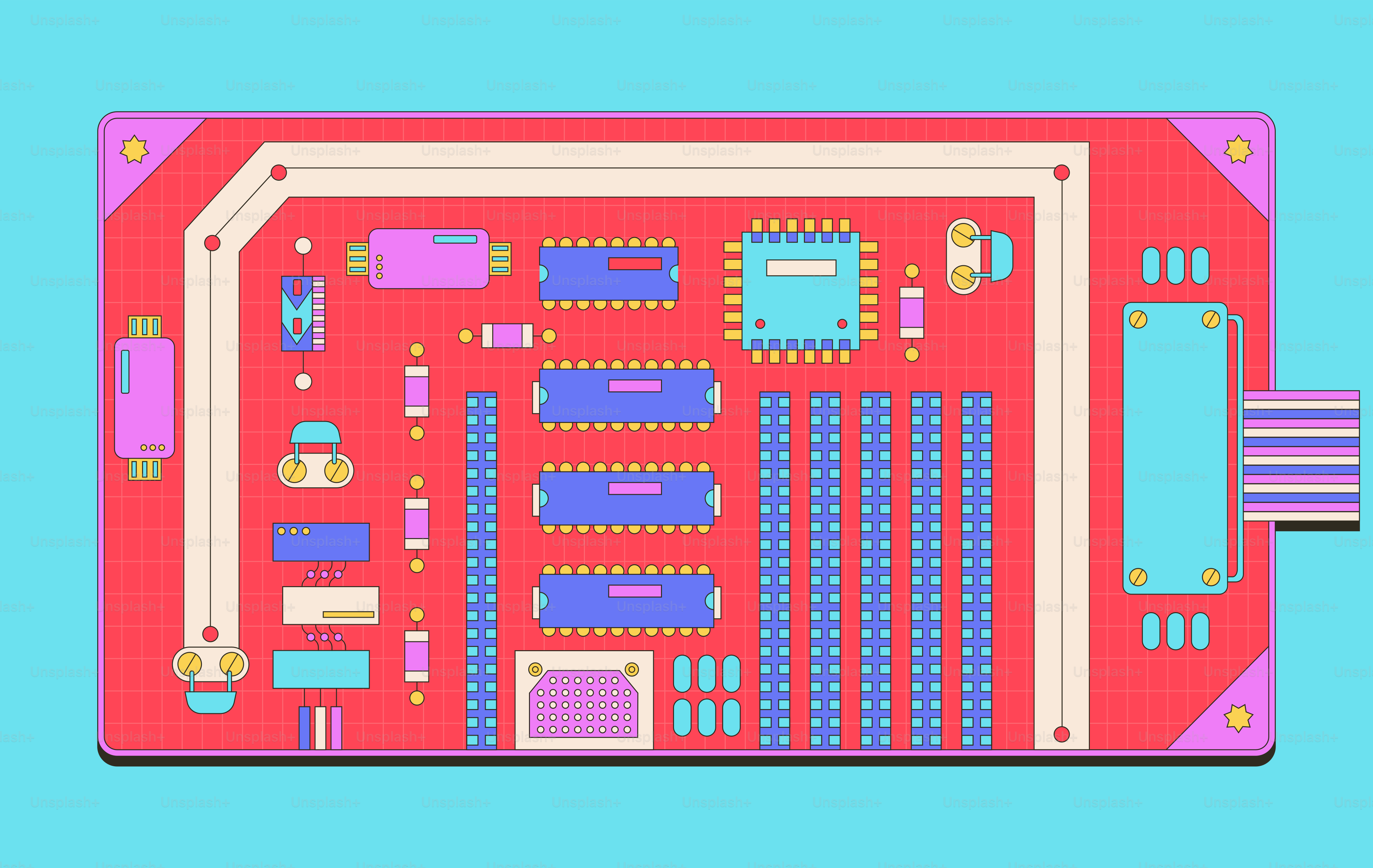 Computer motherboard with colorful components on blue background