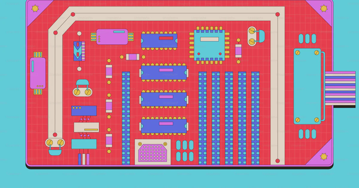 Computer motherboard with colorful components on blue background vector ...