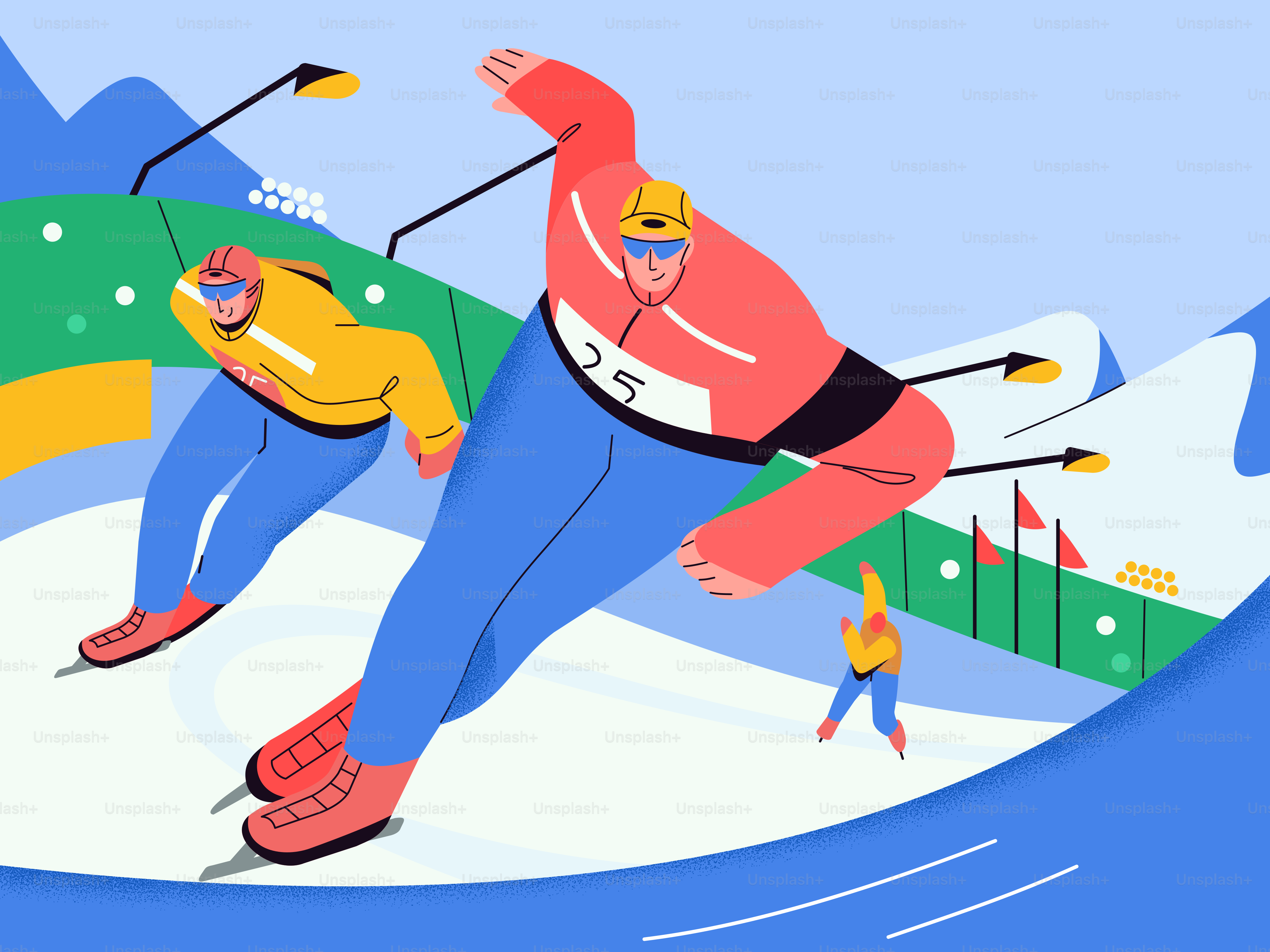 Speed skaters racing on a track with mountains.