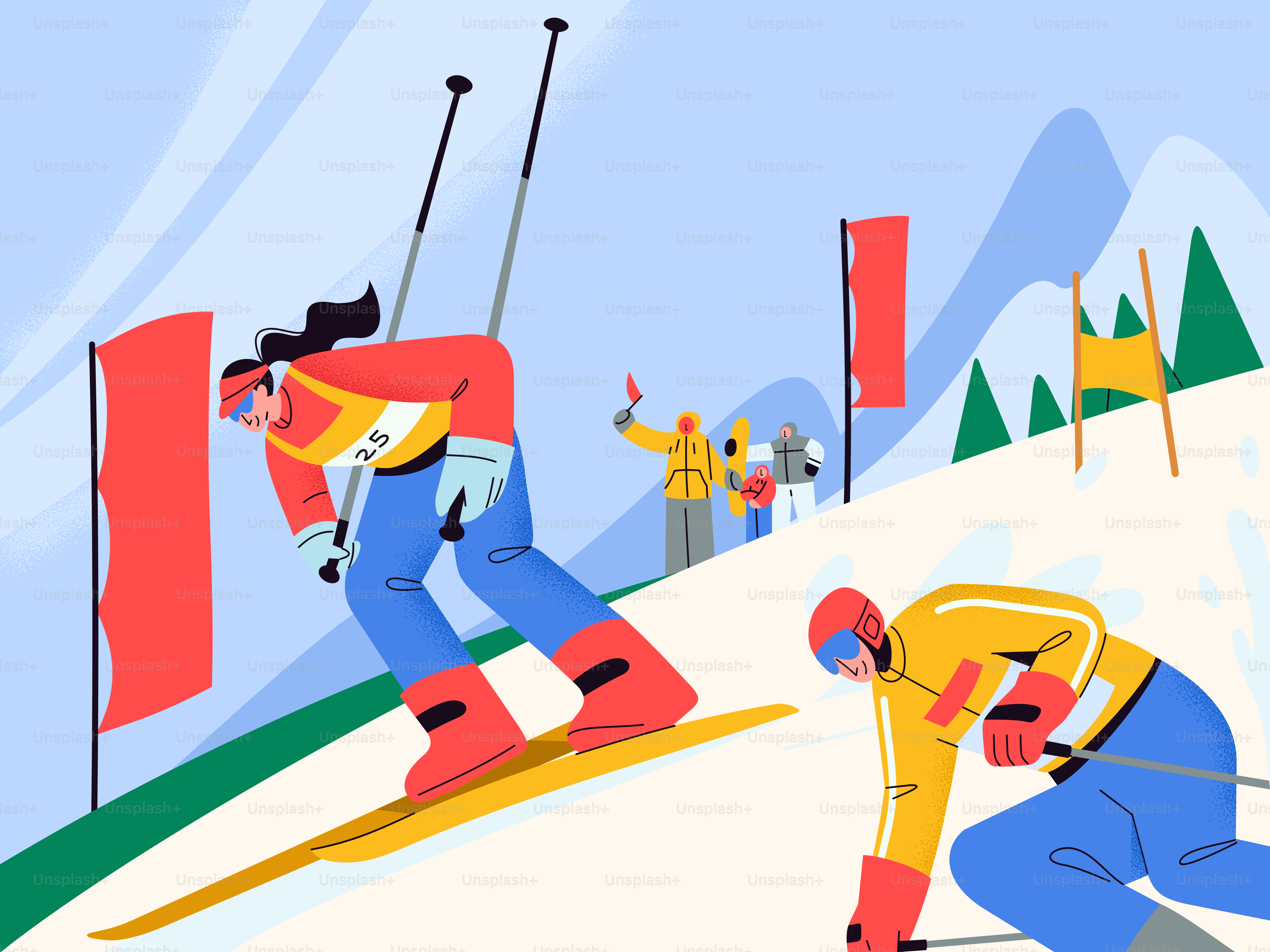 Skiers racing down a snowy mountain slope.