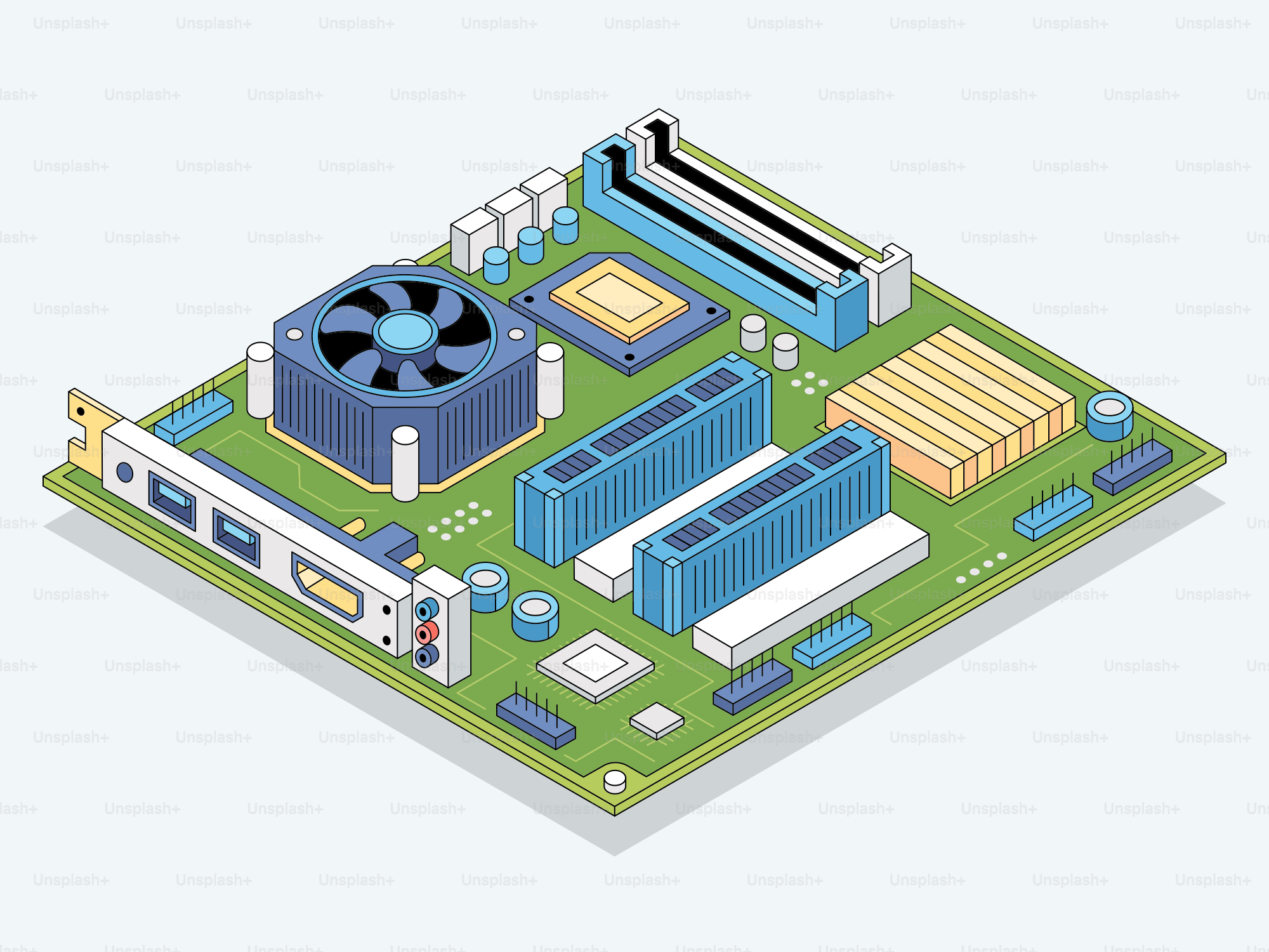 Une carte mère d’ordinateur avec processeur, emplacements RAM et ventilateur.