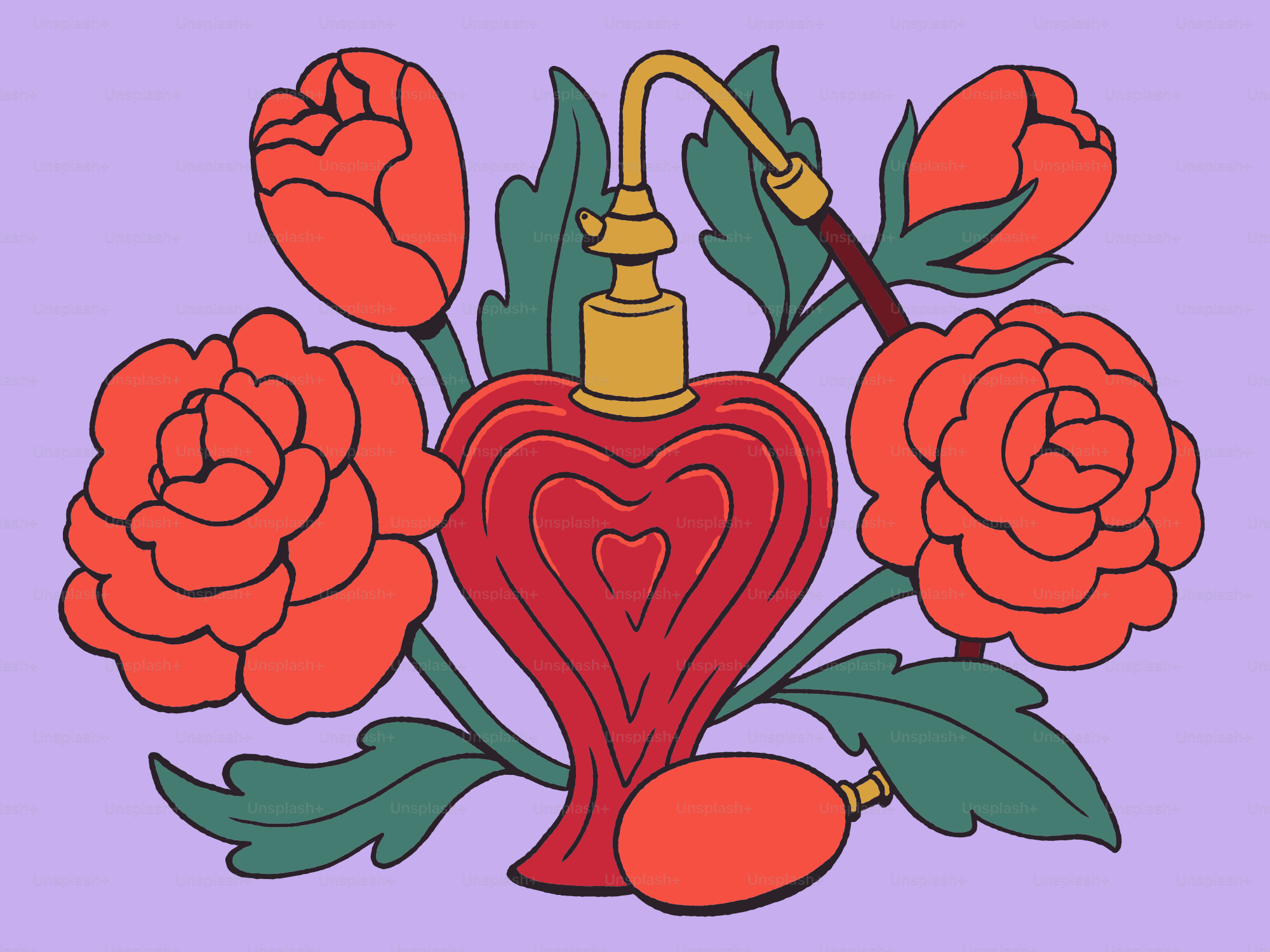 Red heart-shaped perfume bottle with roses and leaves