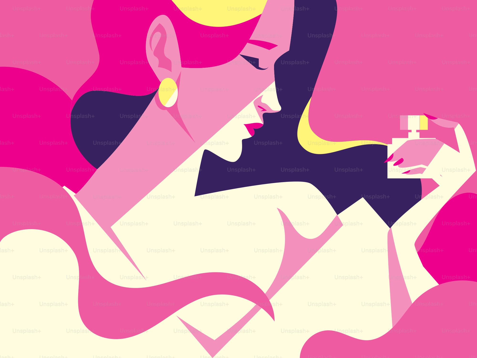 Woman holding a perfume bottle with pink background.
