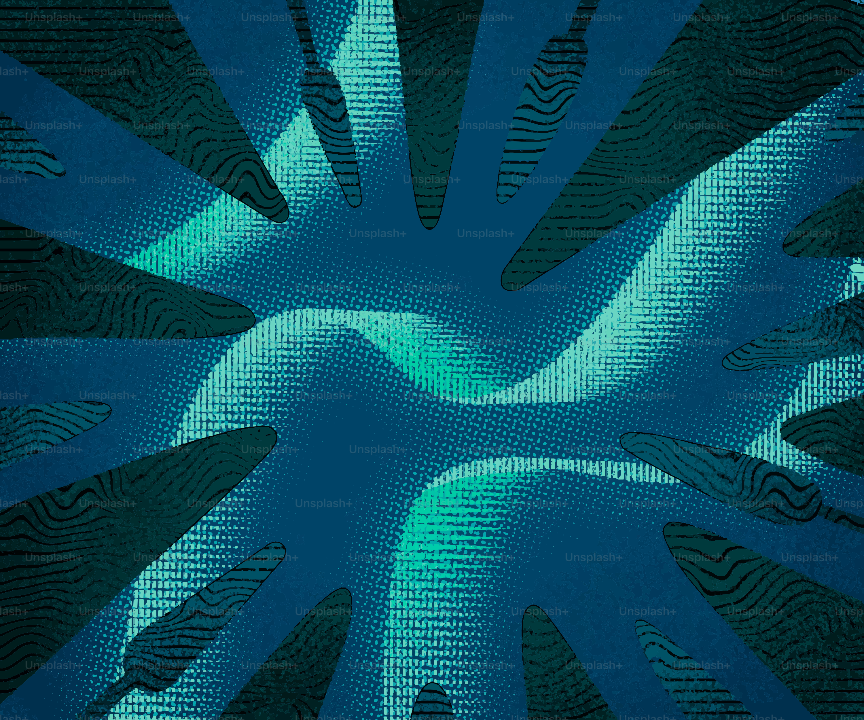 Formas abstratas onduladas azul e verde com bordas escuras