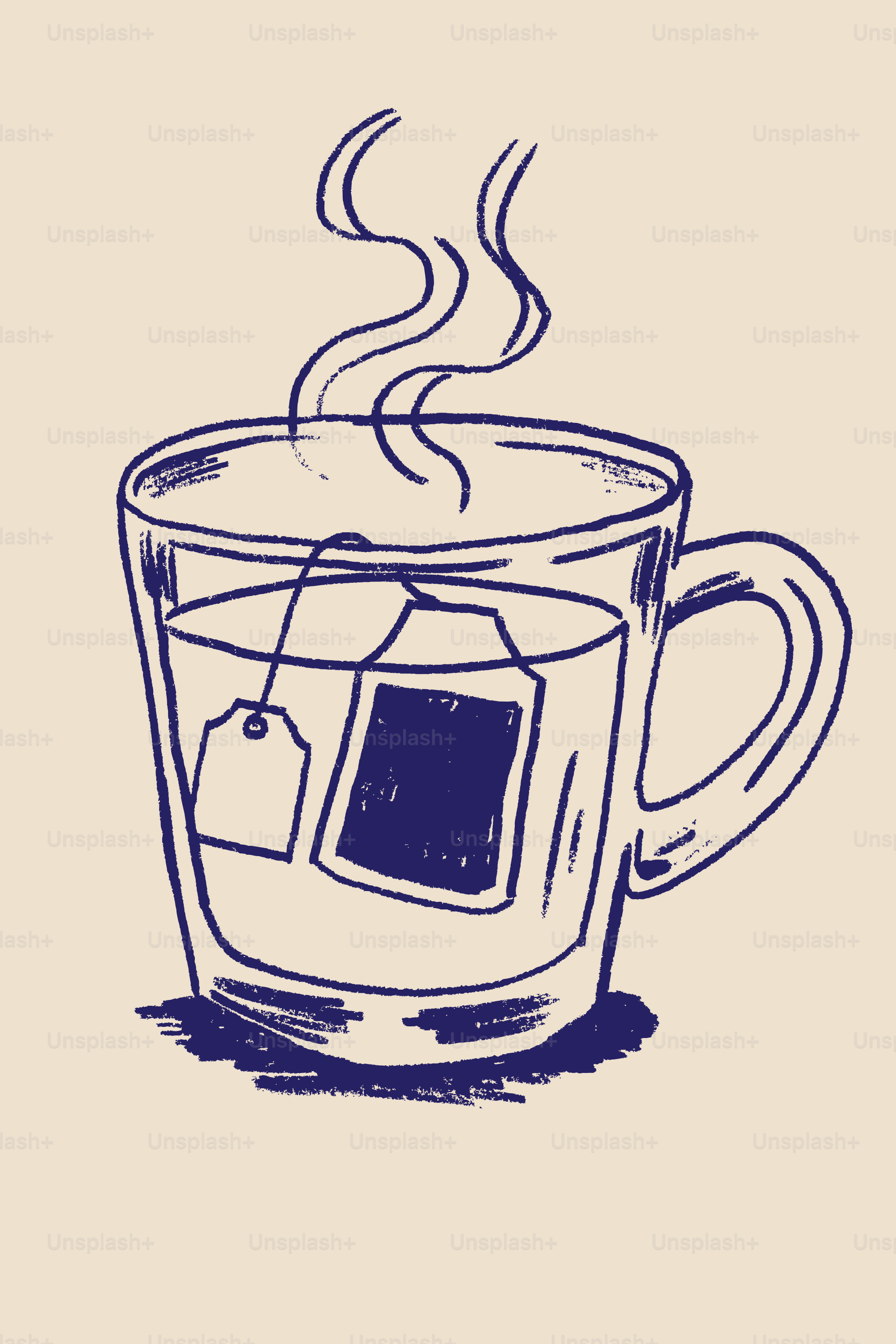 A steaming cup of tea with a tea bag inside.