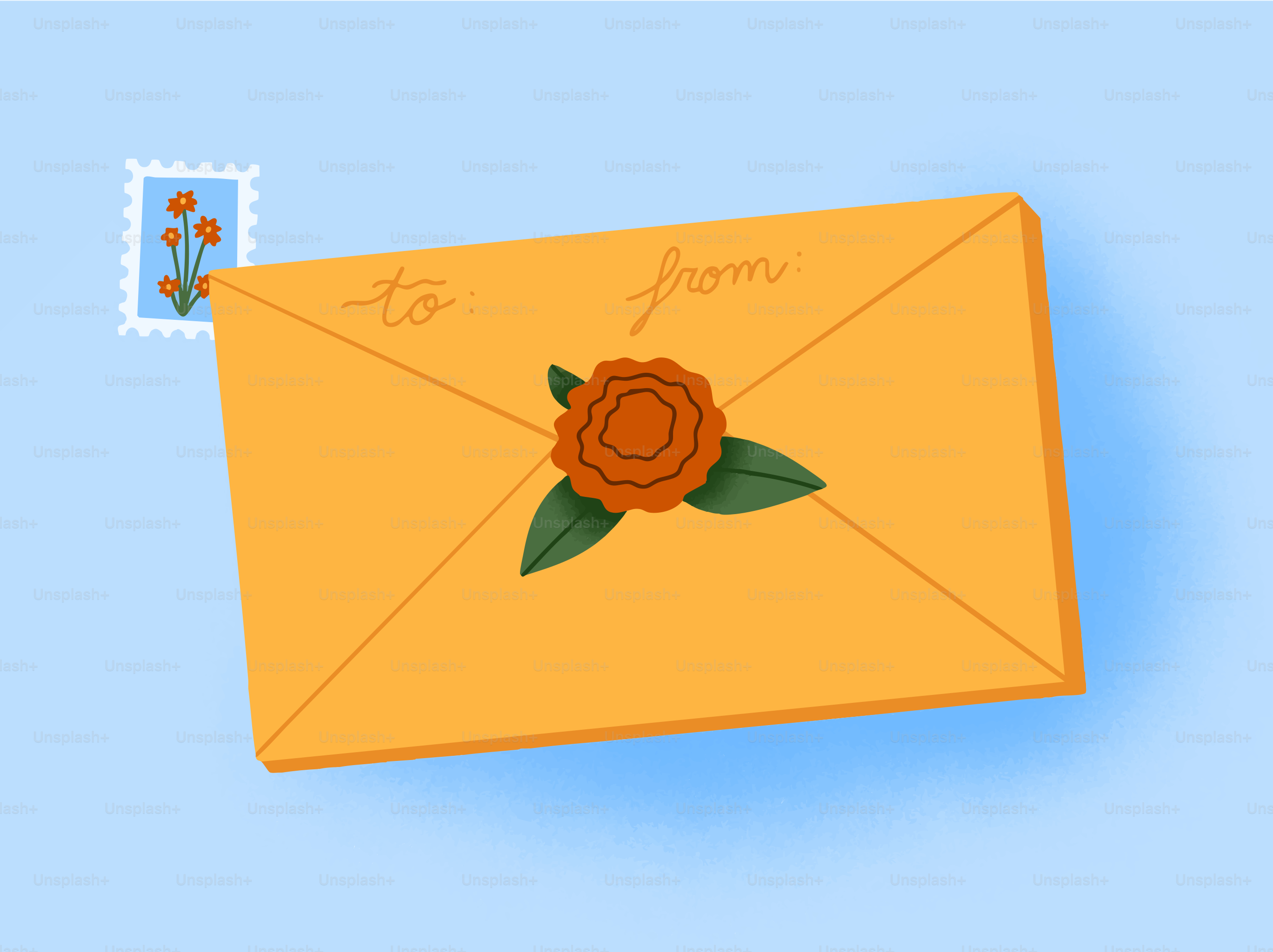 オレンジの封筒に蝋封とスタンプが貼られています