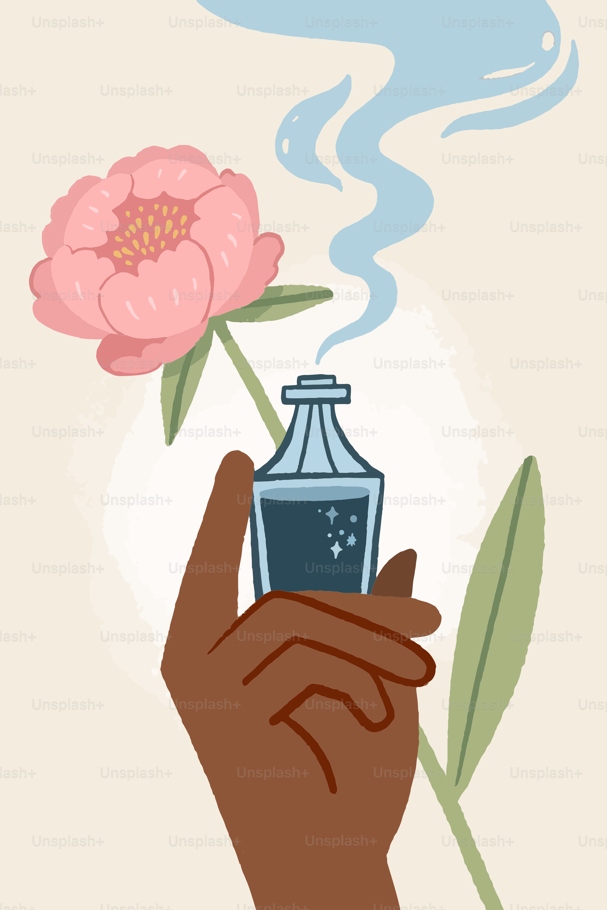 Hand holding a pink peony and a potion bottle