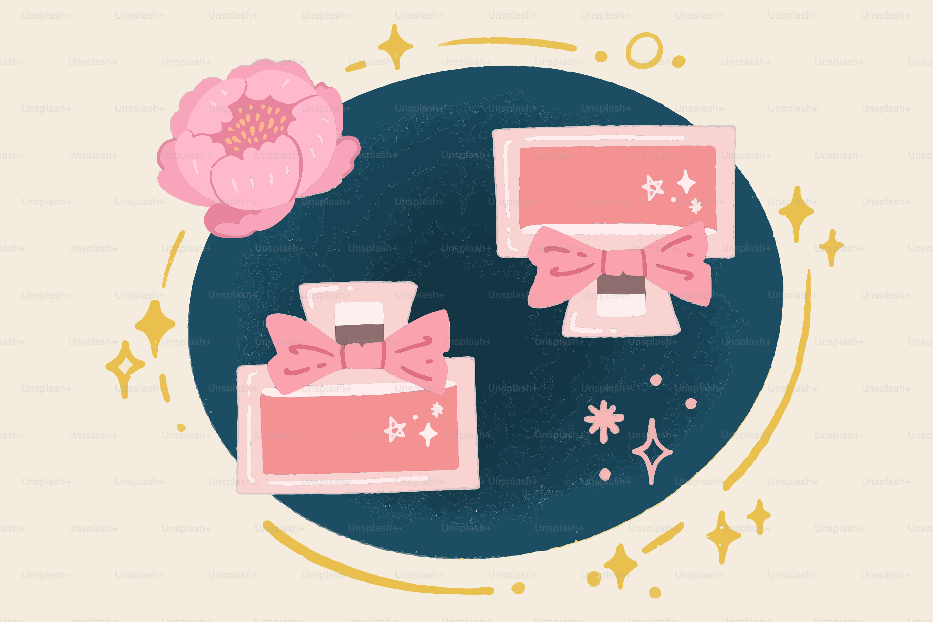 Two pink perfume bottles with bows and flower.