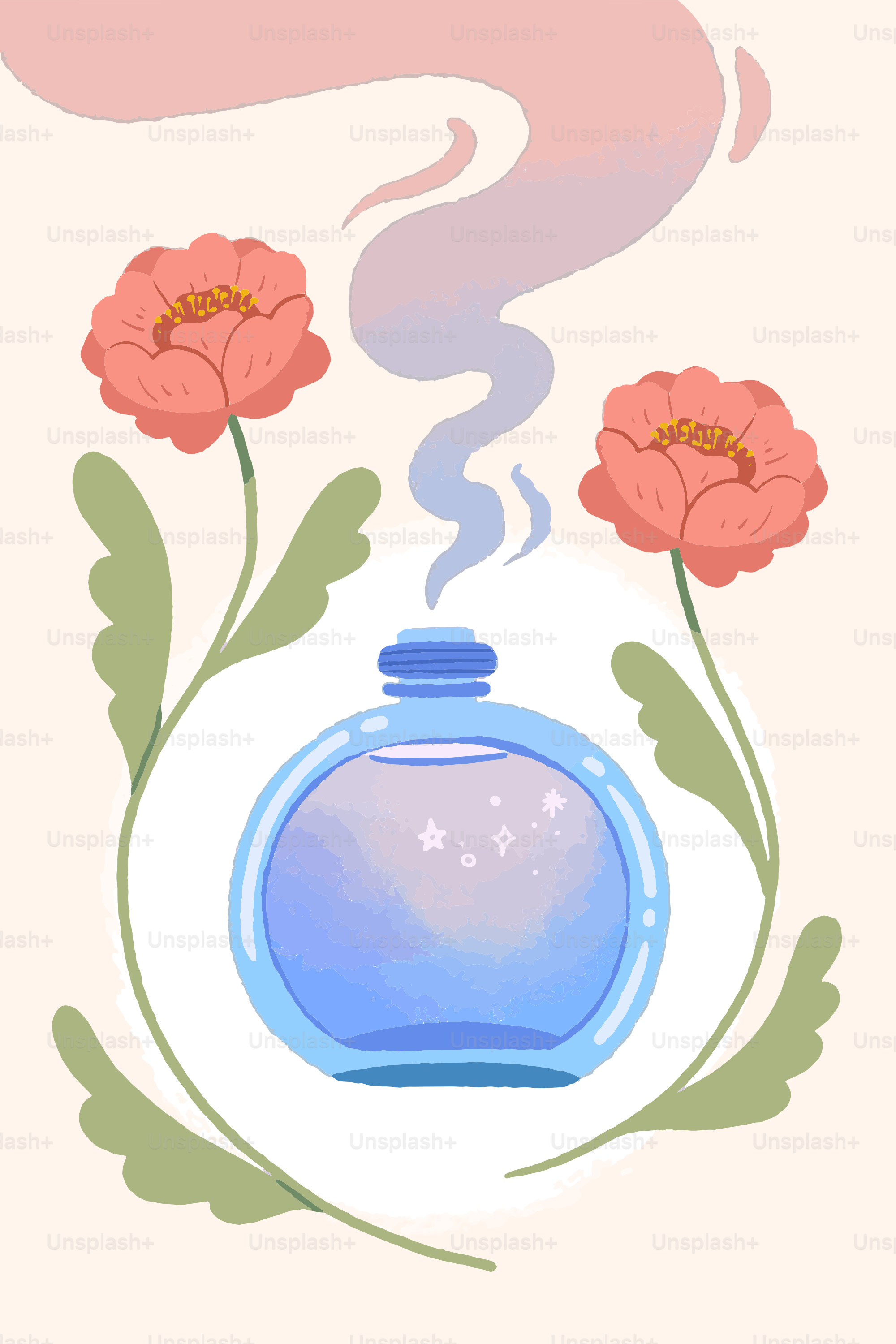 A blue bottle with flowers and smoke rising.