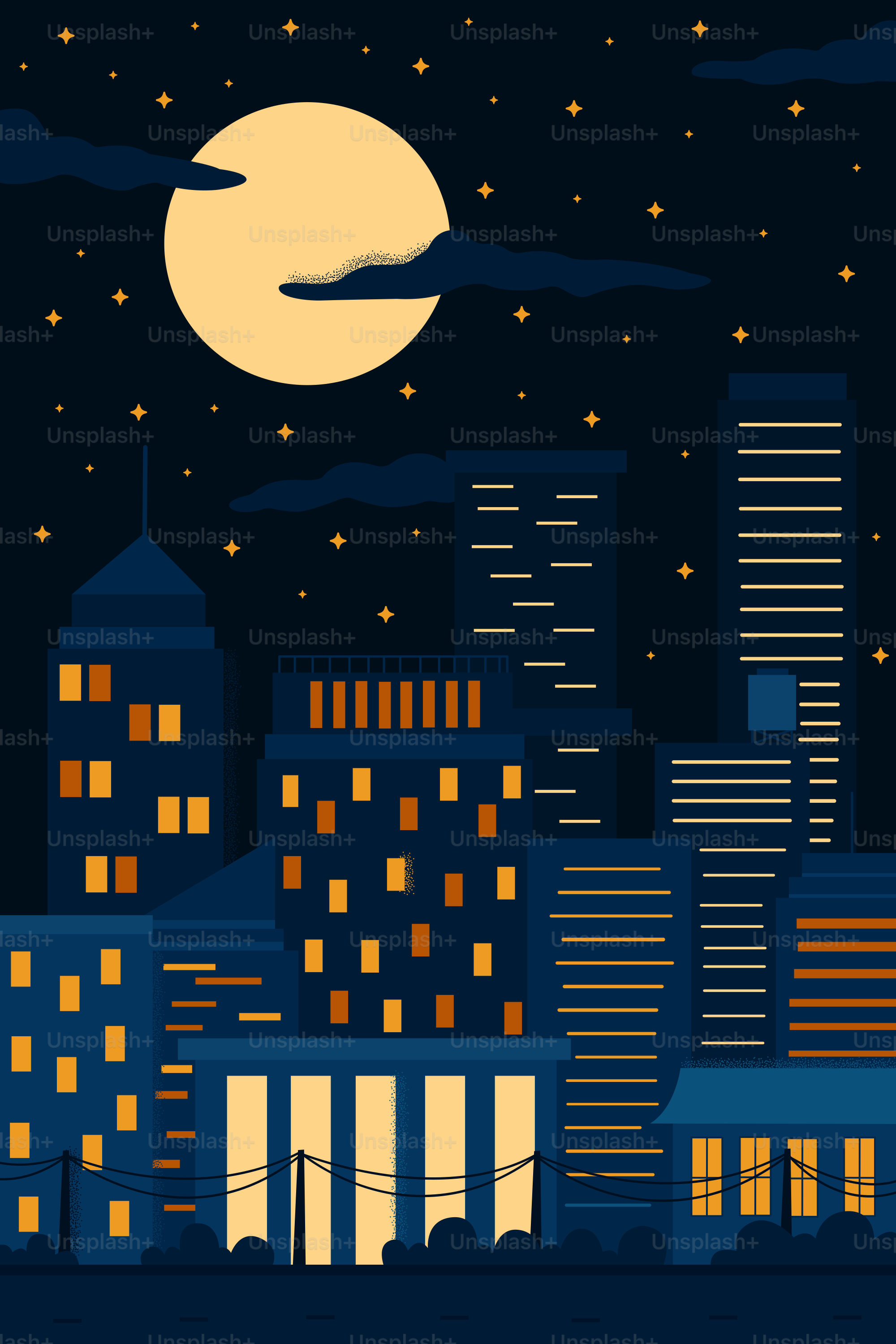 A stylized cityscape at night with a large moon.