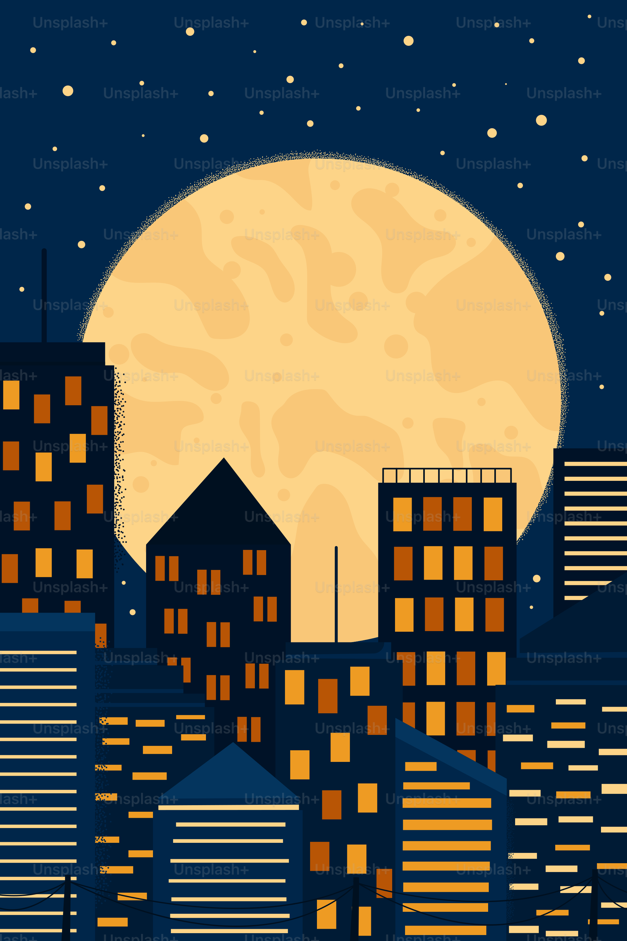 Full moon over a stylized cityscape at night
