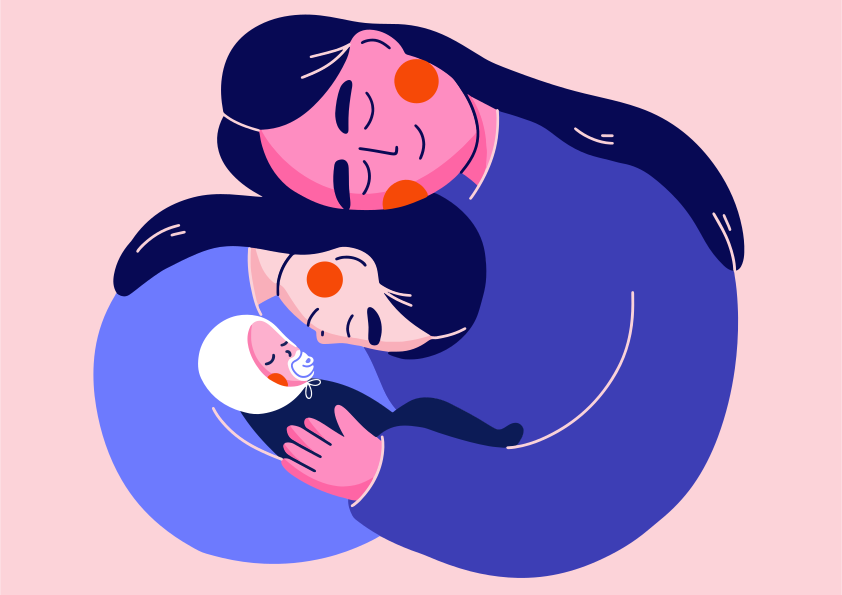 Zwei Frauen, die ein neugeborenes Baby mit Liebe halten