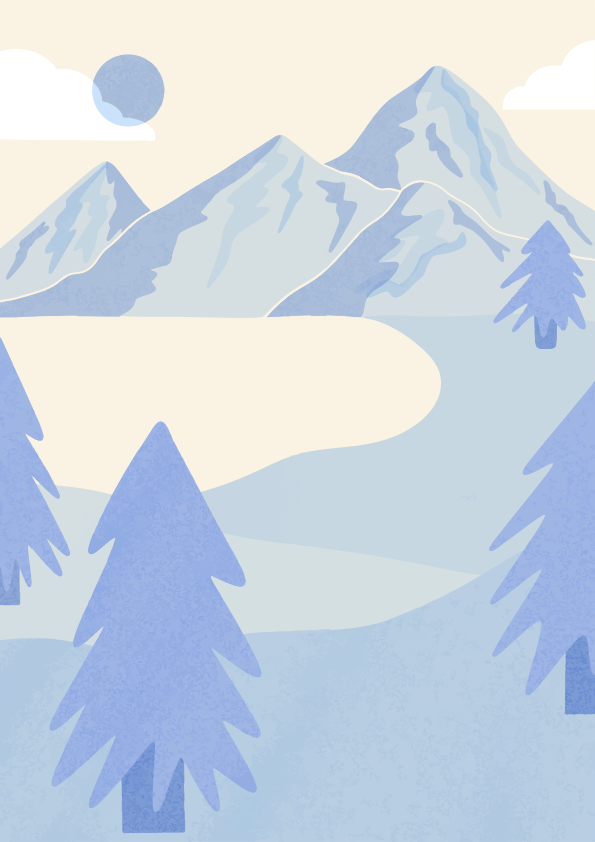 Snowy mountains and pine trees under a pale sun.