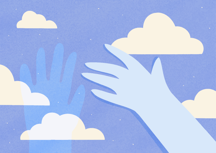 A stylized hand reaching for clouds against a blue sky.