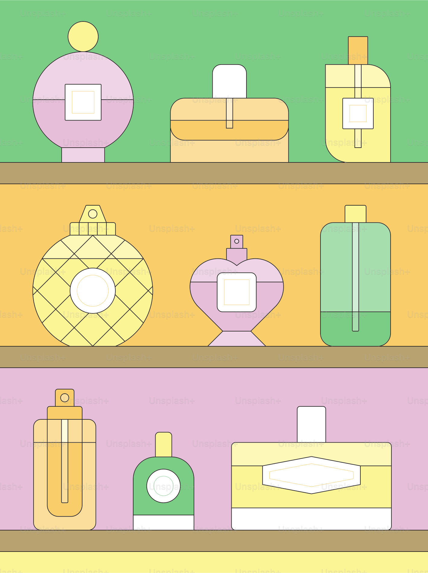 Colección de frascos de perfume coloridos en estanterías