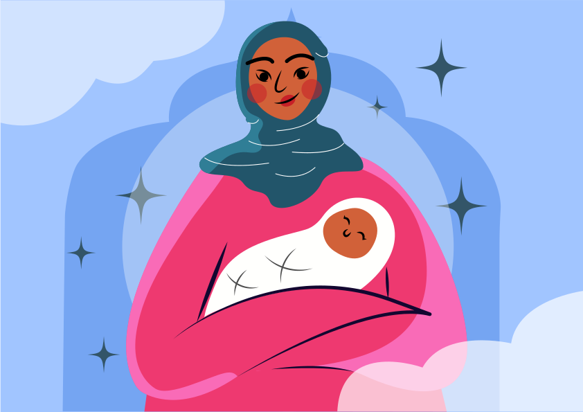 Seorang wanita berjilbab menggendong bayi yang baru lahir