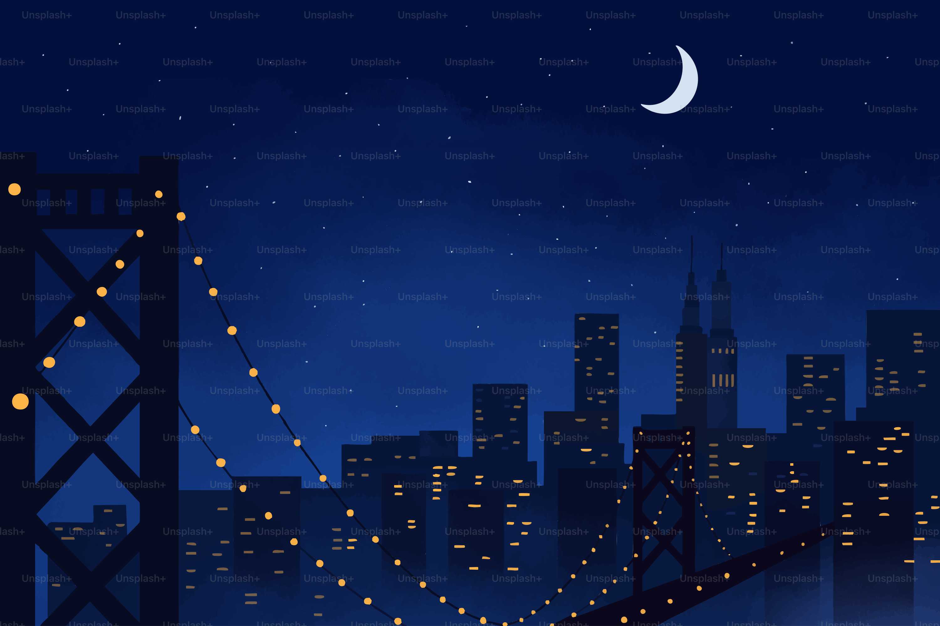 City skyline at night with a crescent moon.