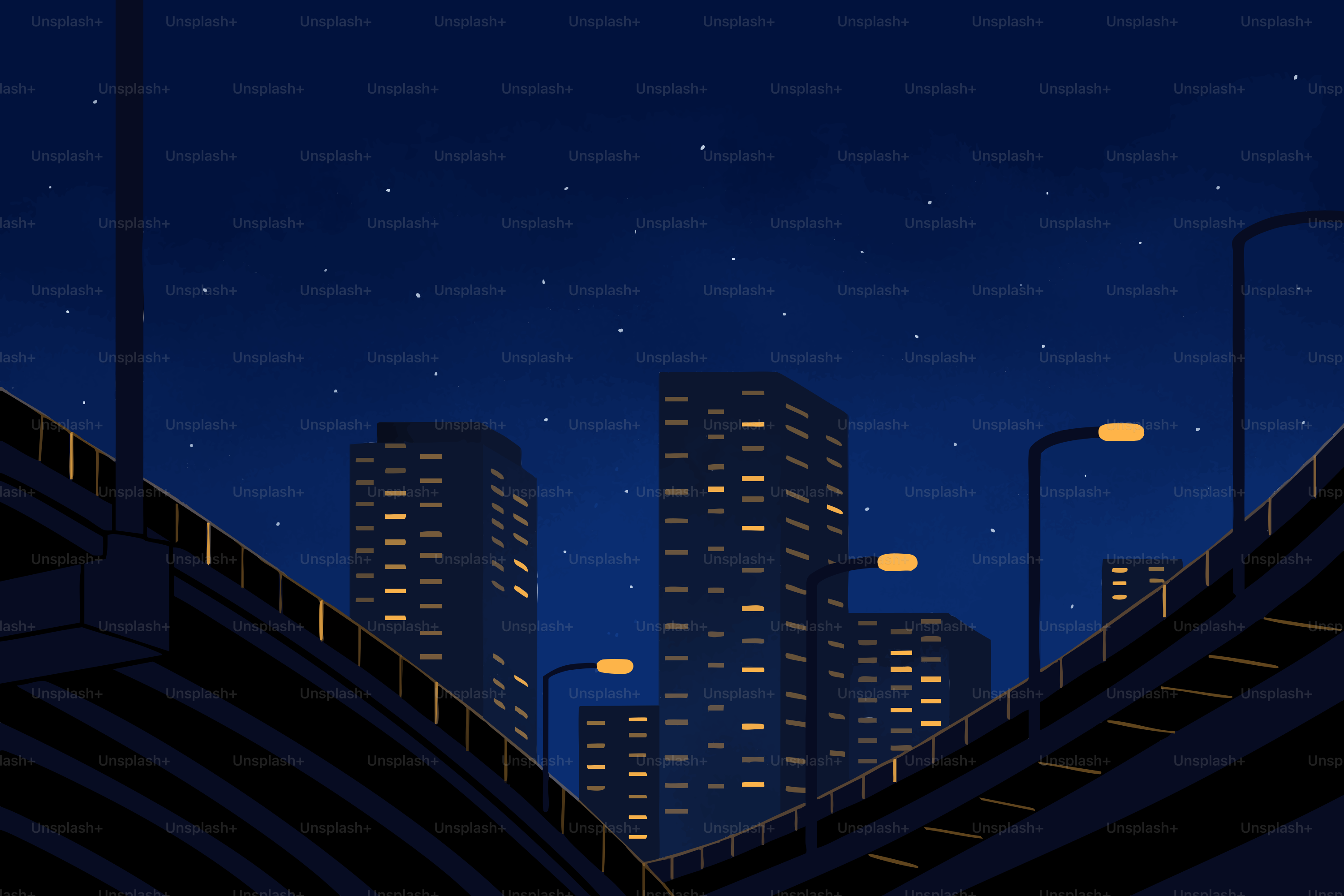 City buildings at night with highway overpasses