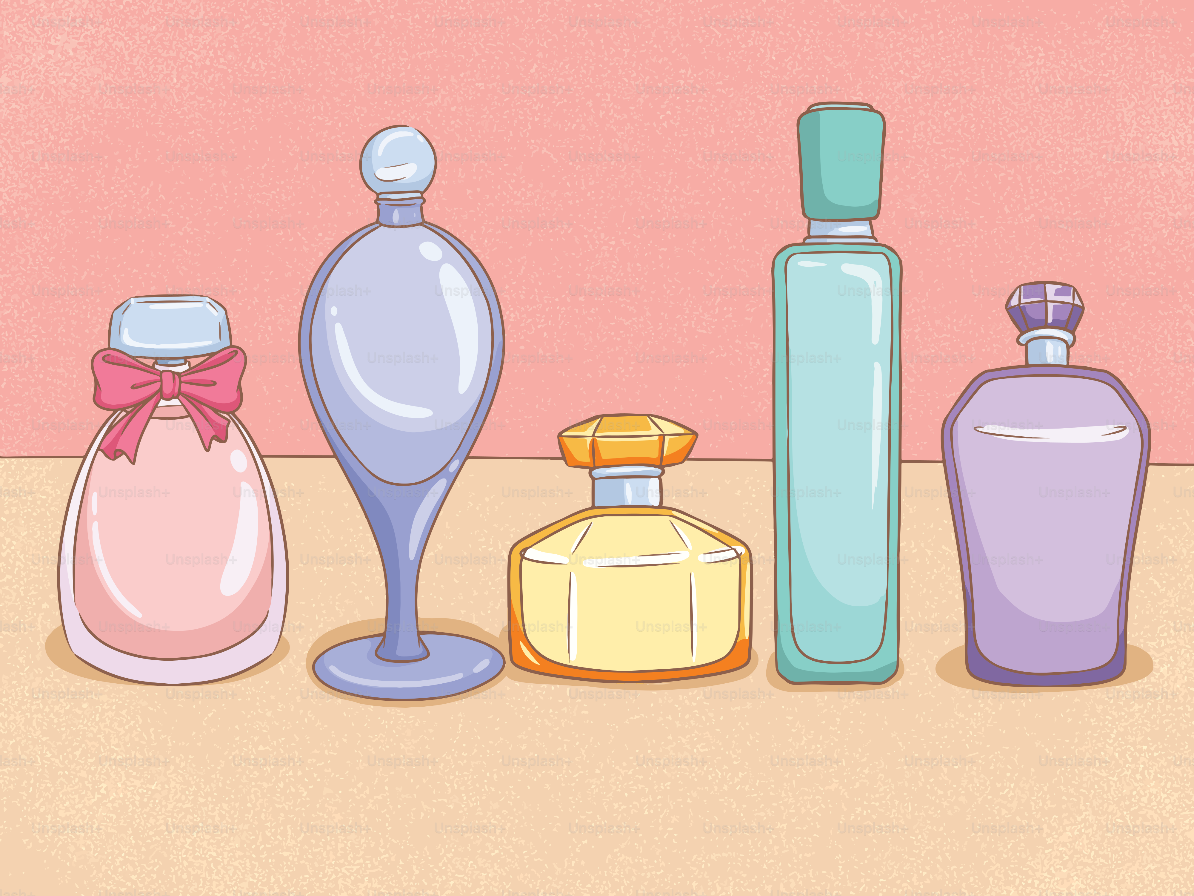 Five colorful perfume bottles arranged in a row.