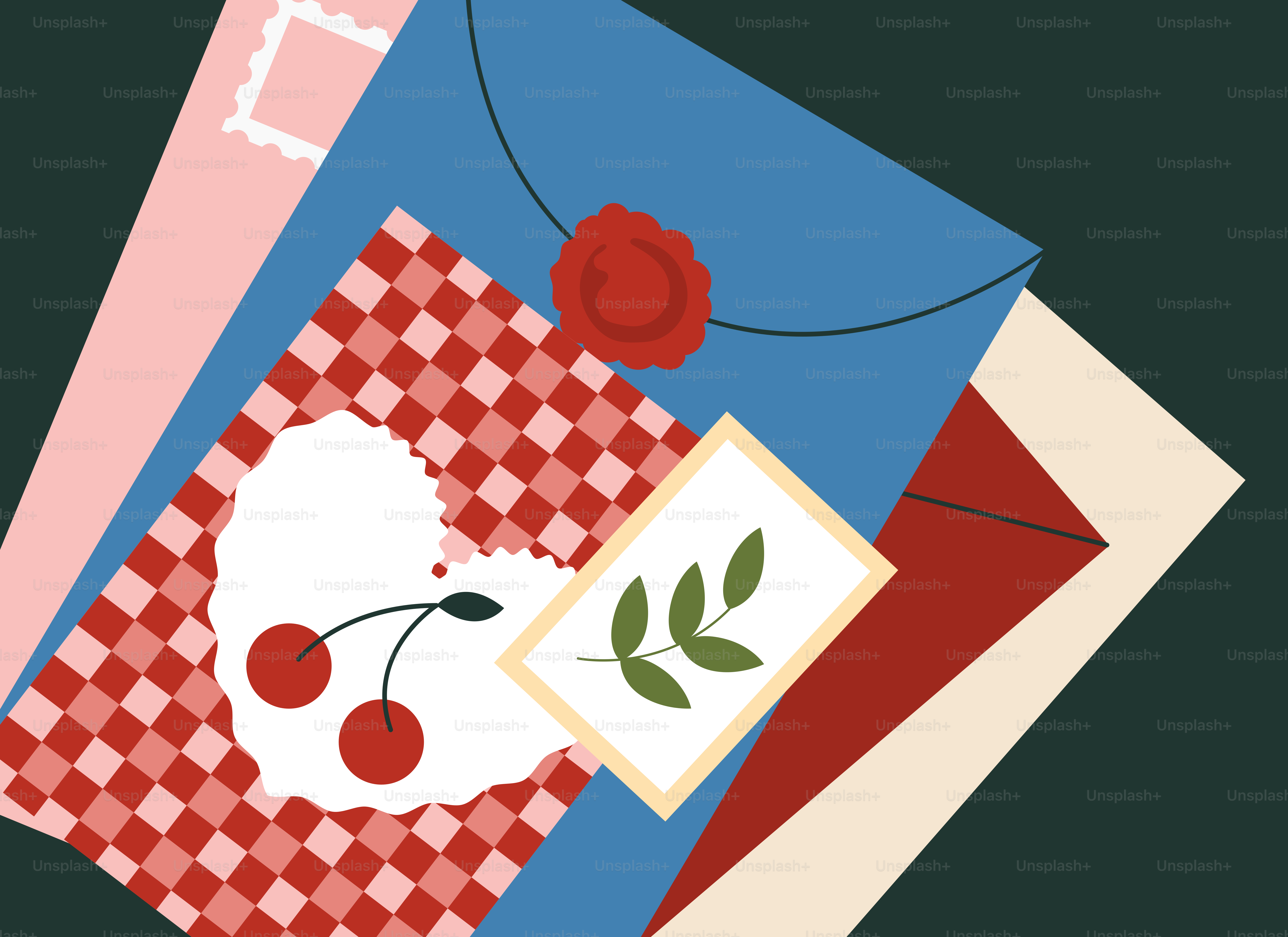 Envelopes with stamps, wax seals, and heart designs.