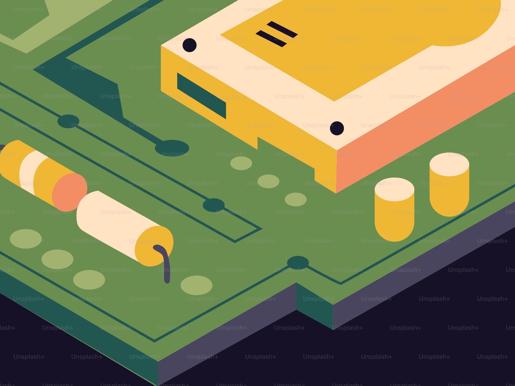 Close-up of a green circuit board with yellow components.