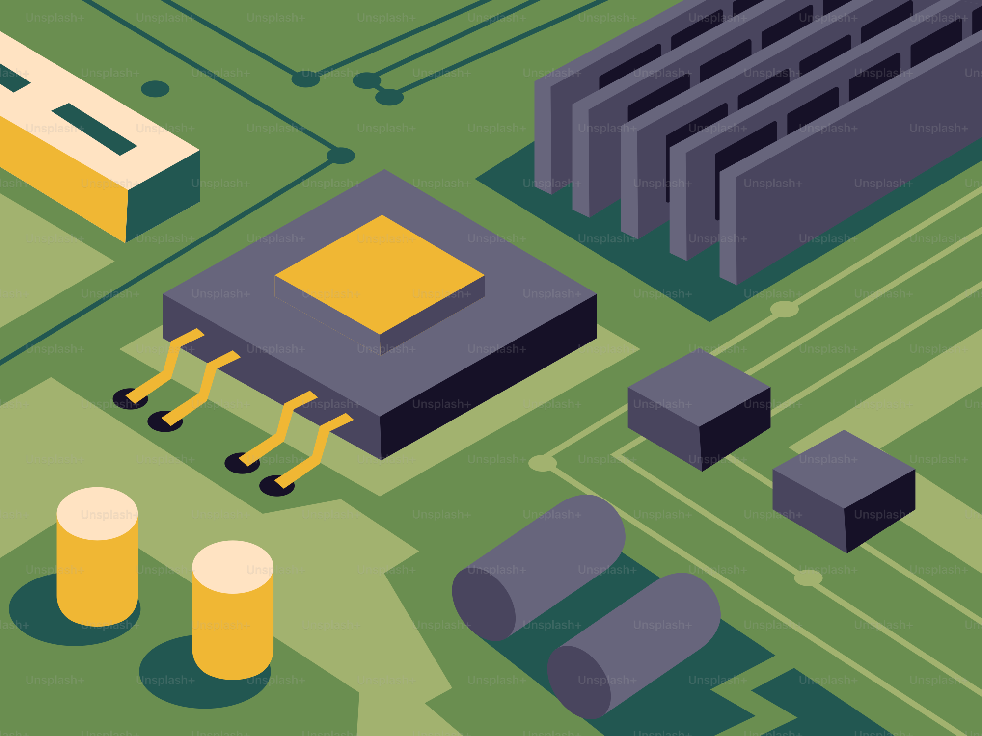 Close-up of a green circuit board with electronic components.