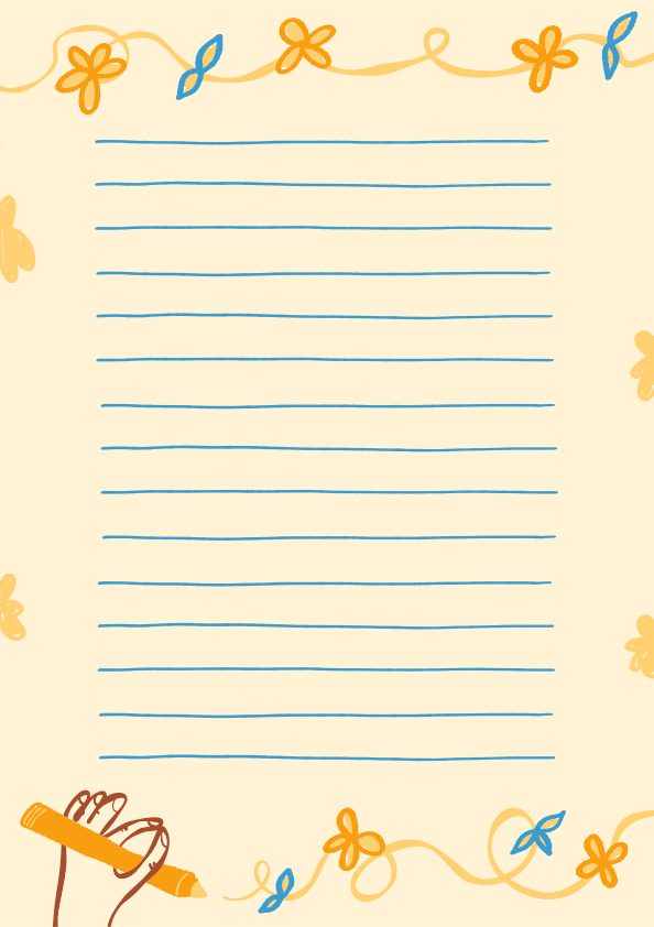 A lined notepad with floral decorations and a hand drawing.