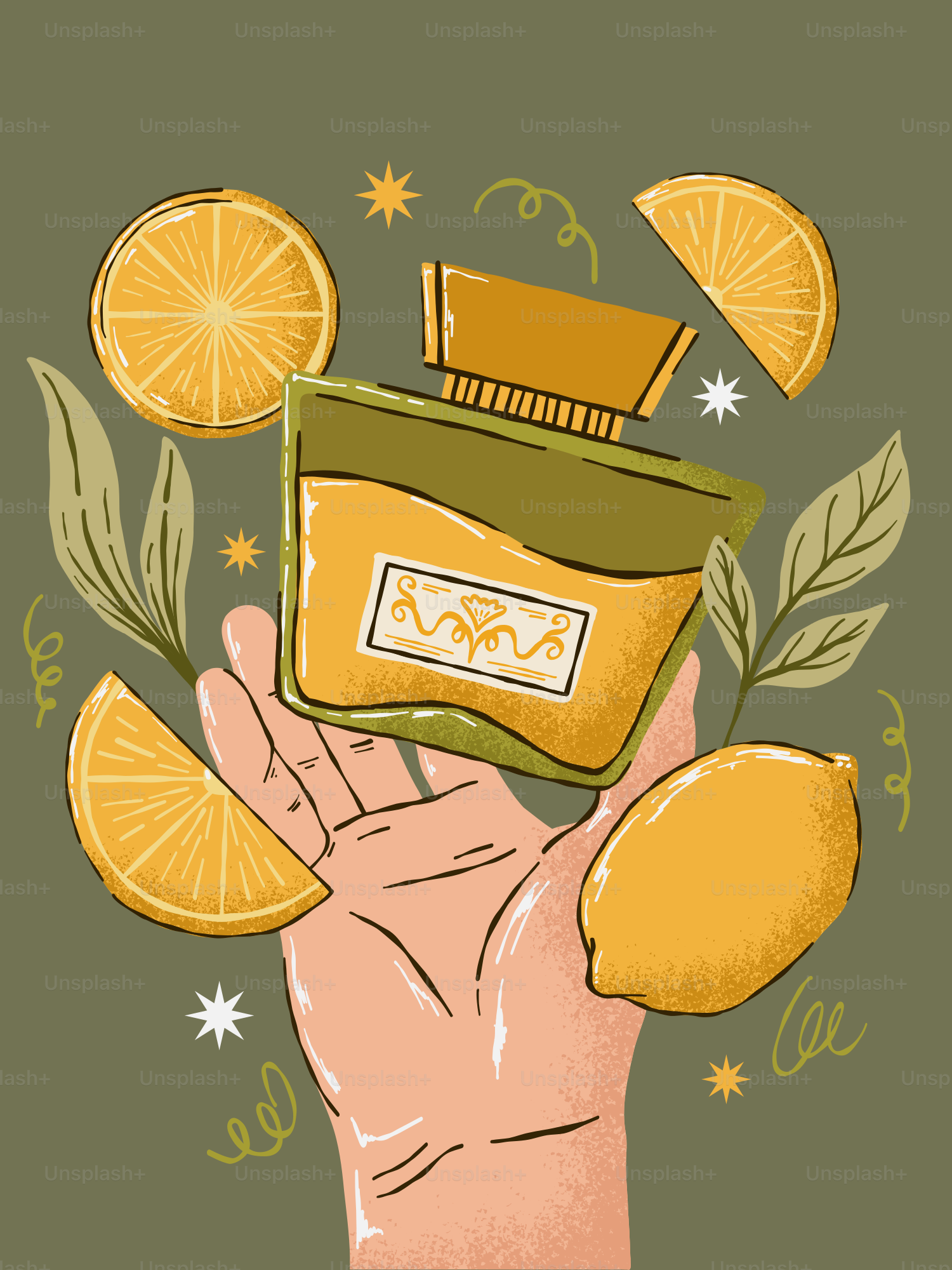 Tenir la main un flacon de parfum avec des citrons et des feuilles
