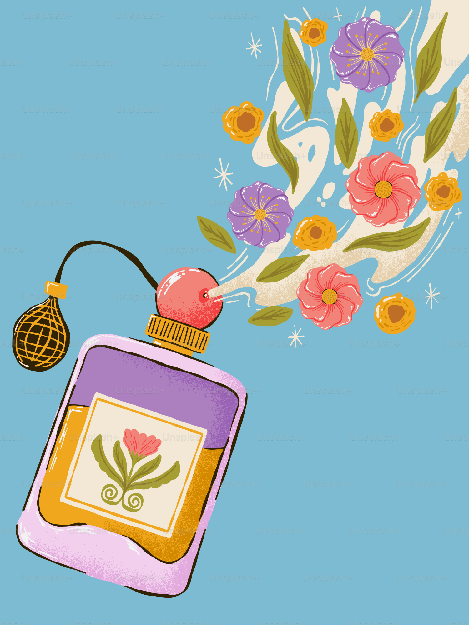 Perfume bottle with flowers and mist emerging
