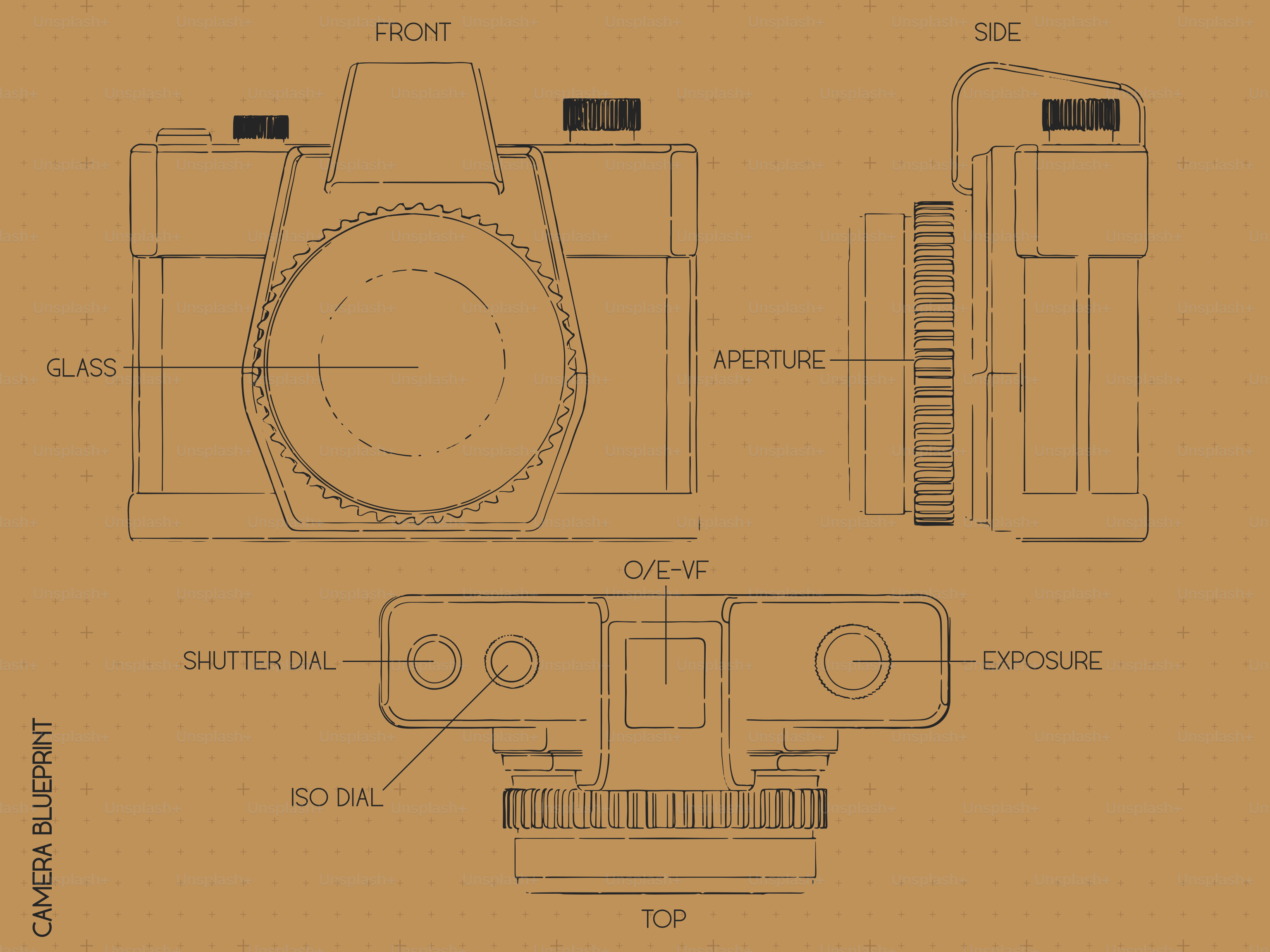 Blueprint of a vintage camera from multiple angles.