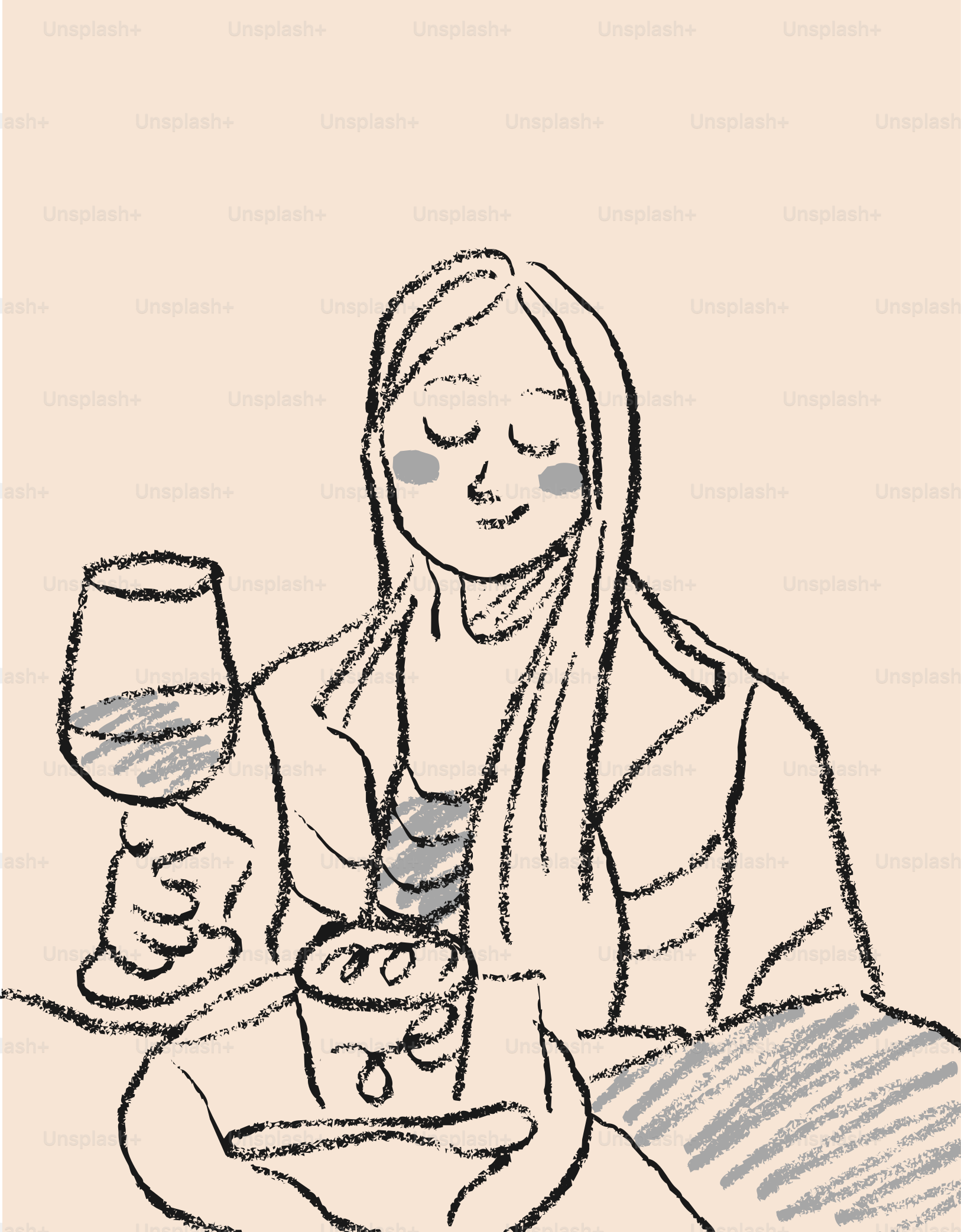 A woman enjoys a glass of wine and dessert