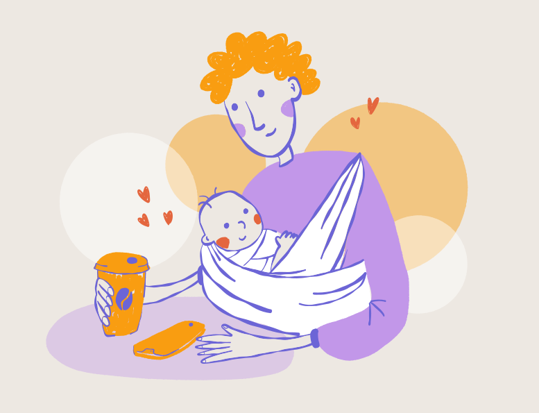 Parent holding baby in sling with coffee and snack.