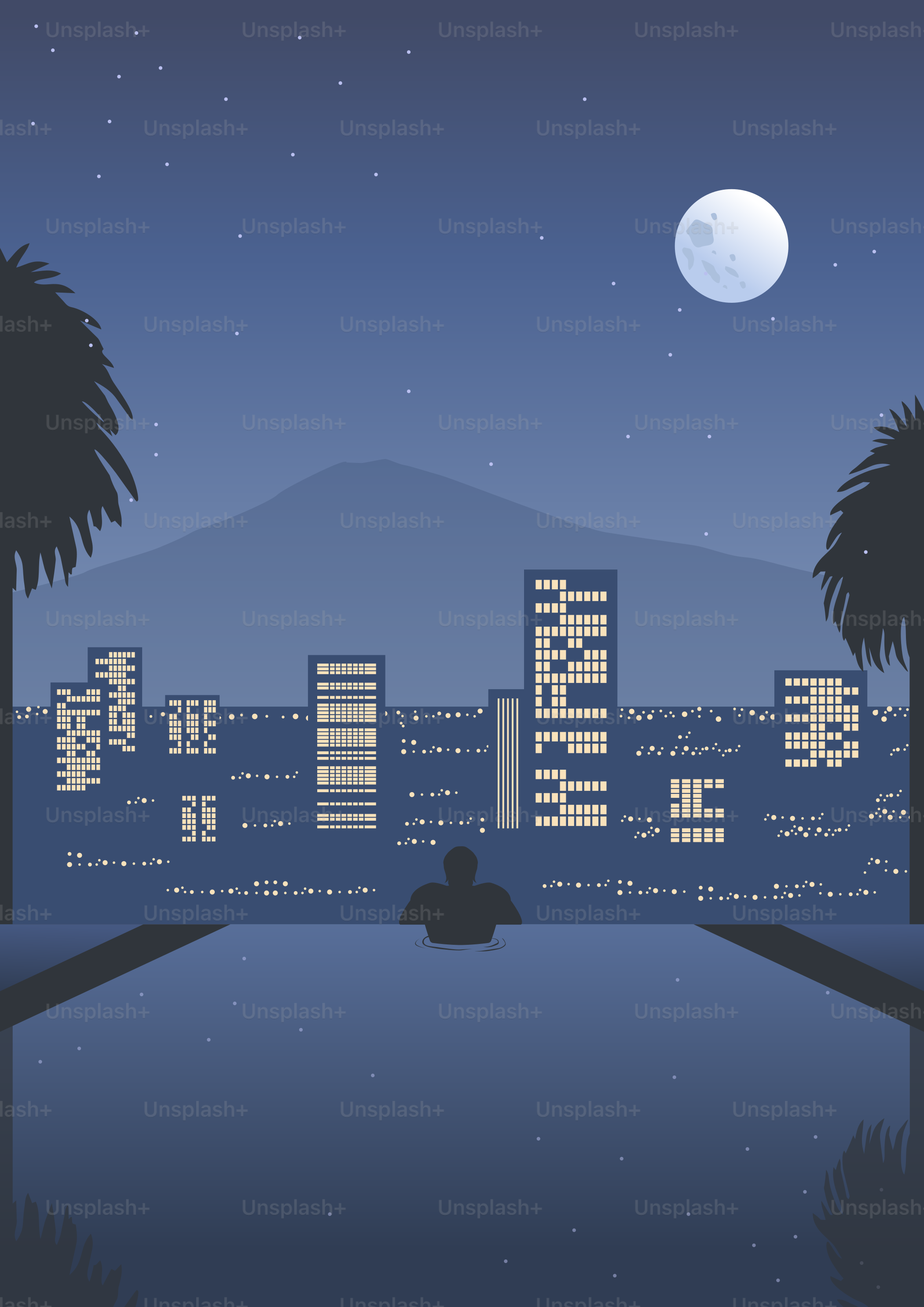 夜の街を見下ろすインフィニティプールの人物