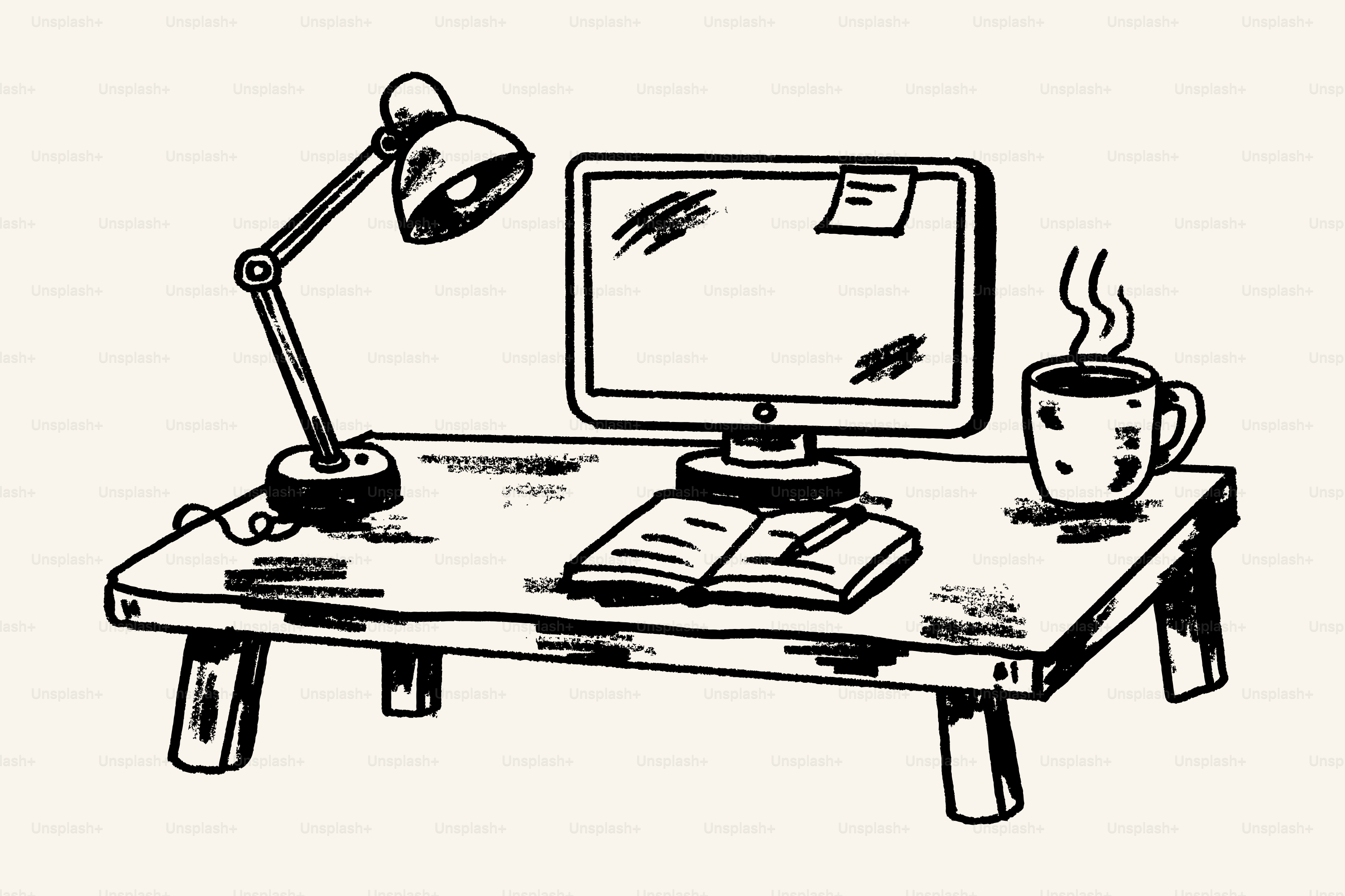 Desk with computer, lamp, book, and coffee
