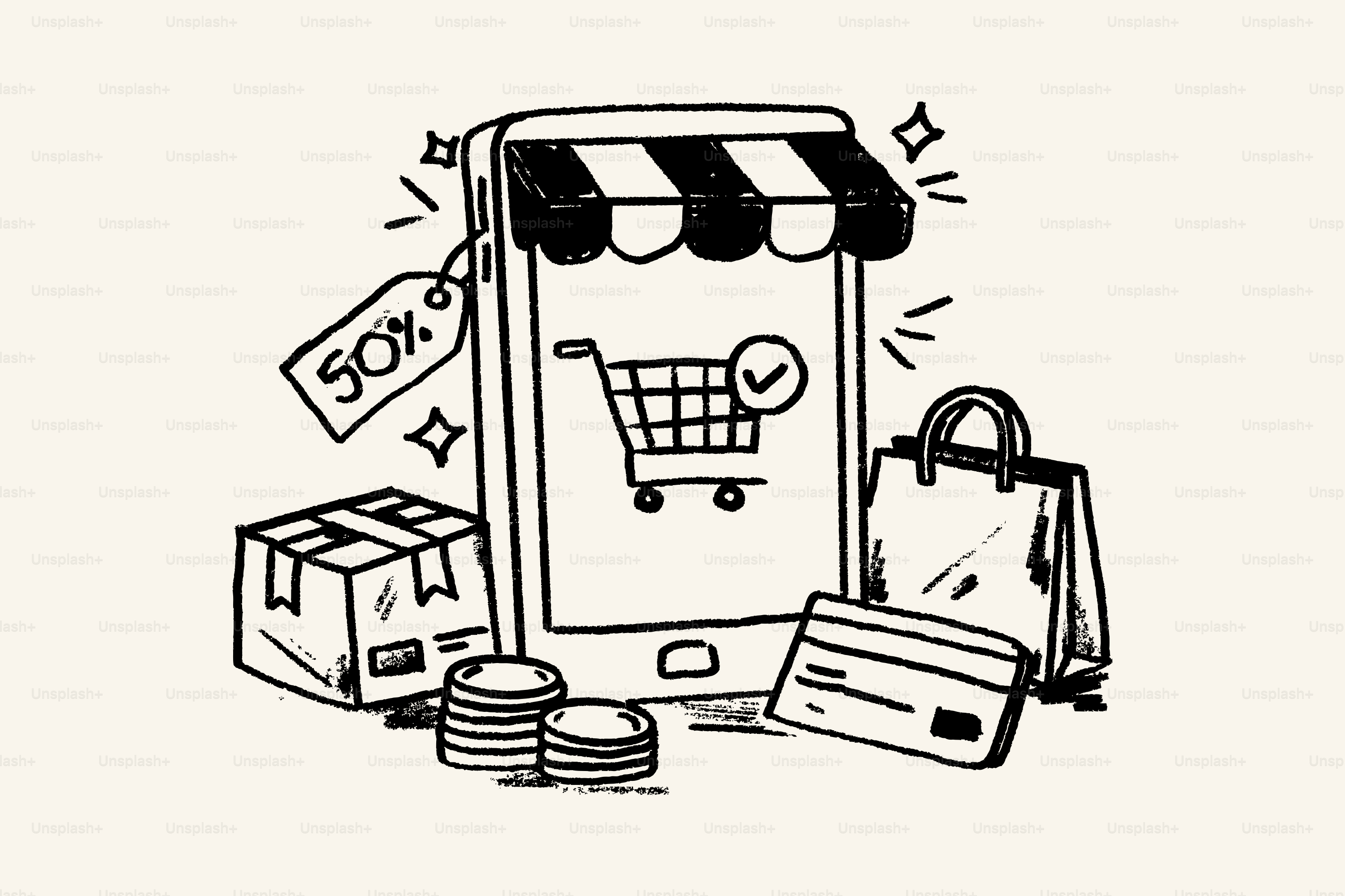 Online shopping concept with mobile phone and shopping bag.