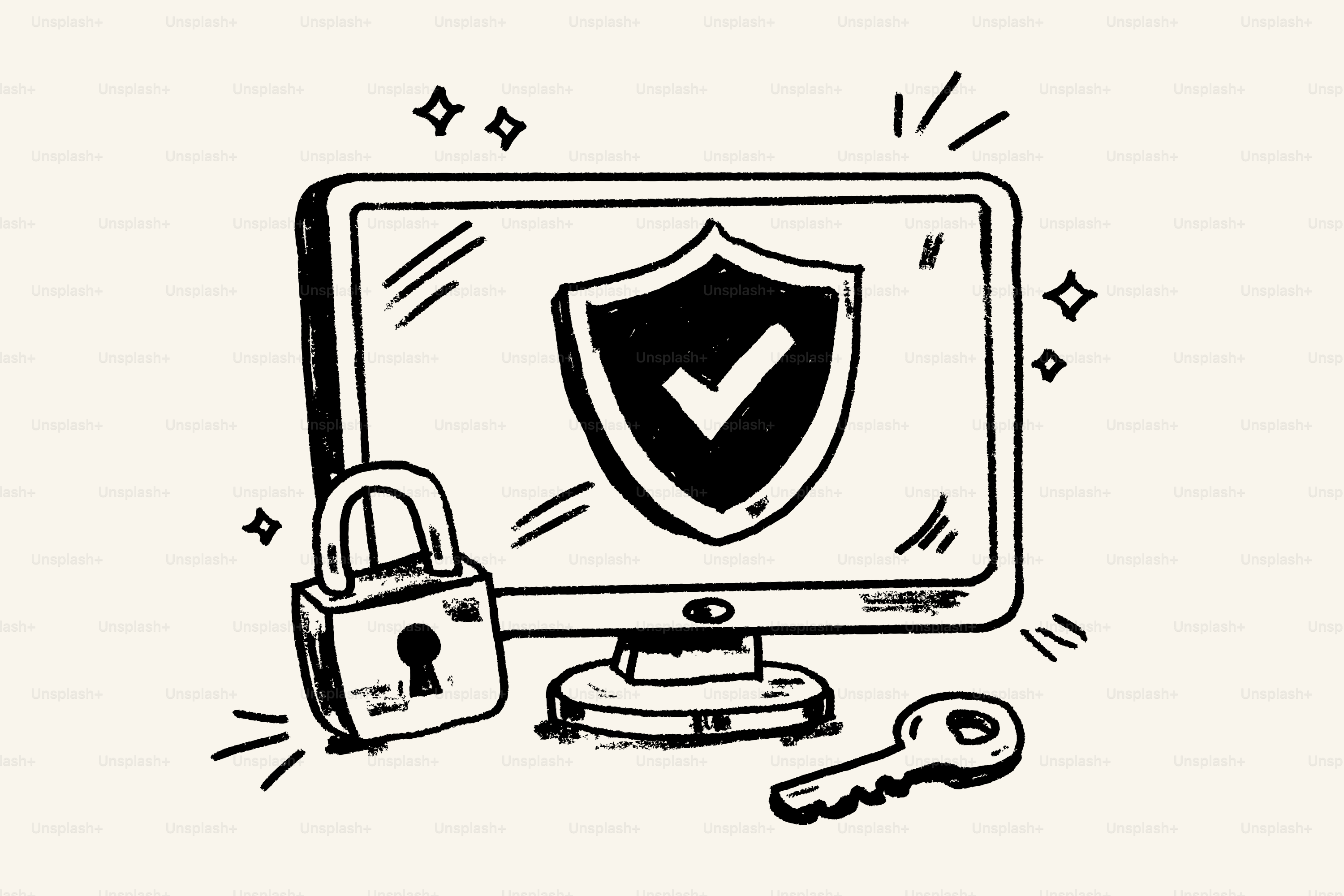 Computer screen with shield, lock, and key