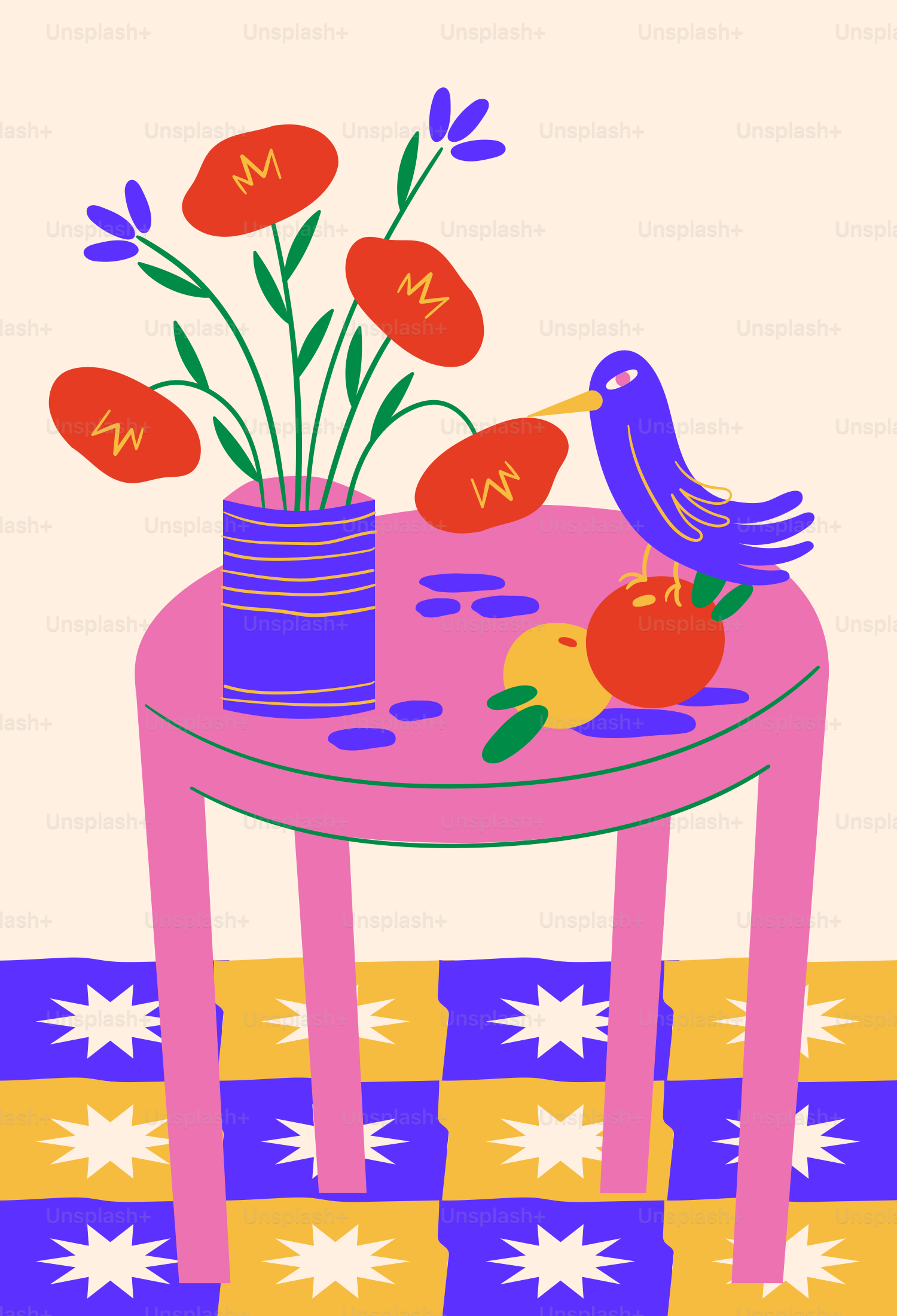 A stylized still life with a bird, flowers, and fruit.